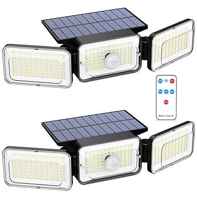 Solar Lights Outdoor Waterproof, Motion Sensor & Flood Outdoor Lights with Remote Control, 4 Adjustable Modes, 3000LM & 218 LED, High-Energy-Density Solar Panel-Monocrystalline Technology, 2 Pack