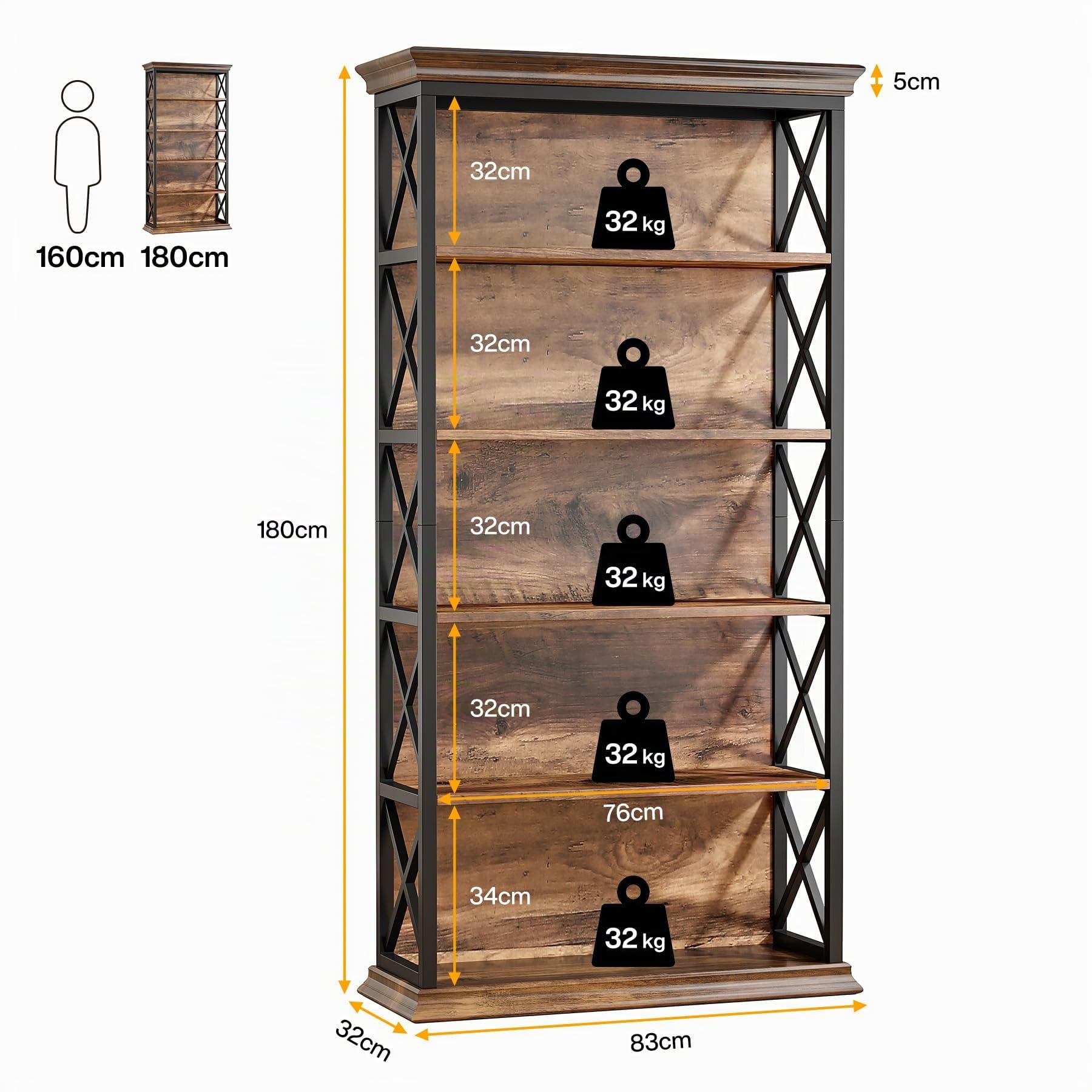 Tribesigns Librería estantería de pie de 180 cm de Altura, Madera de 6 Niveles, estantería Abierta con Estructura de Metal para salón, diseño Industrial, marrón Vintage