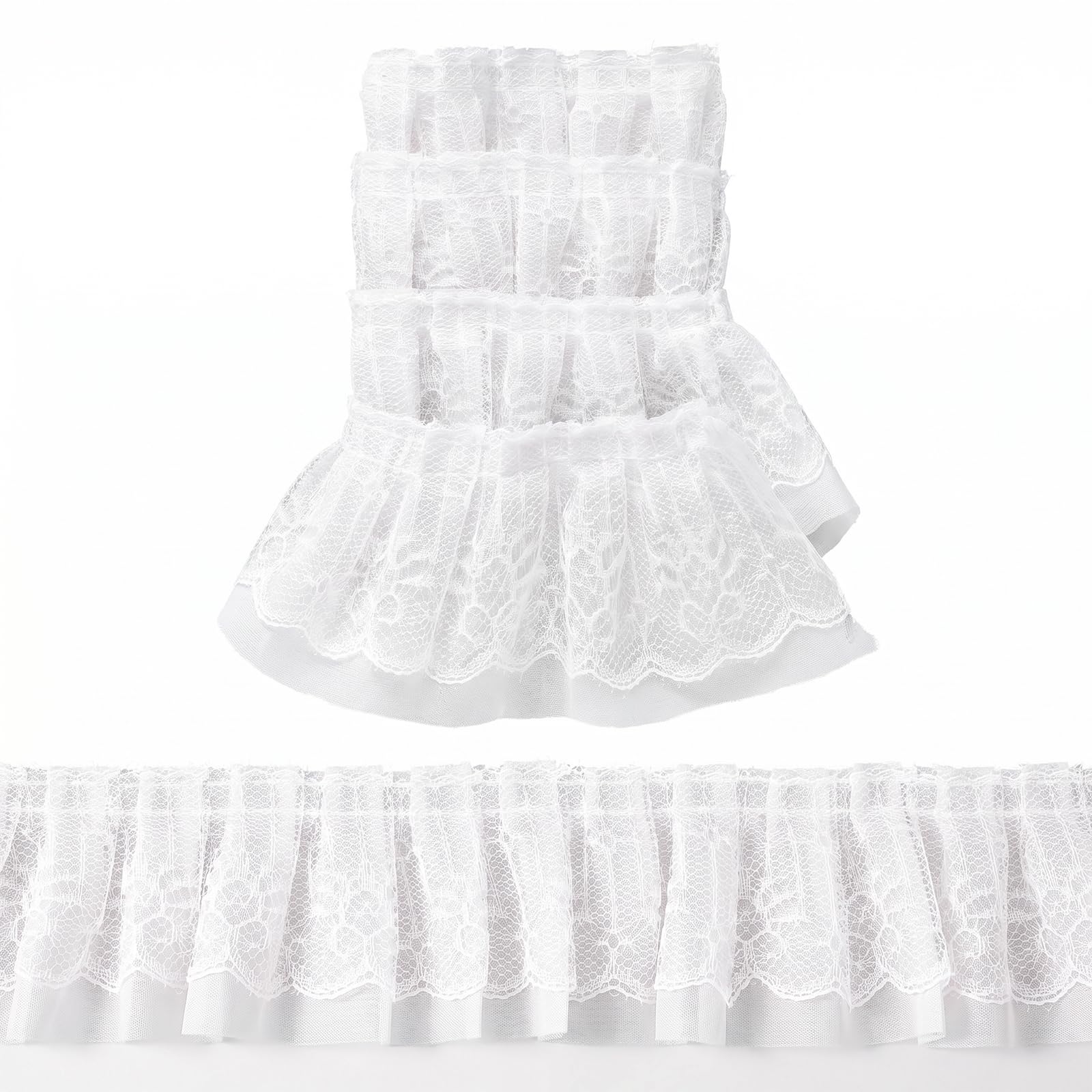 10 M White Lace, Double Layer 5 CM Wide Gathered Lace Trim
