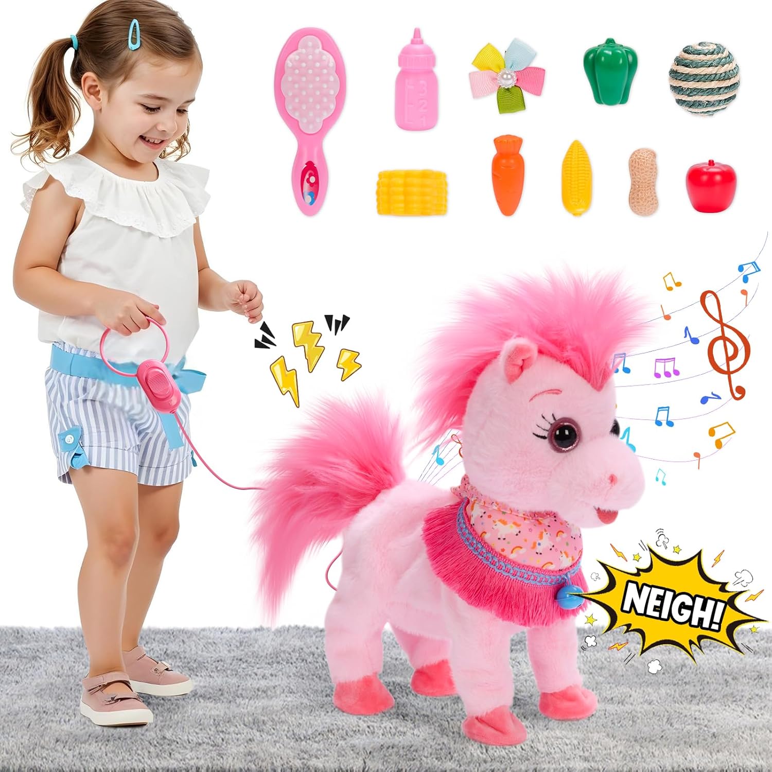 Pink Walking Pony Set Interactive Talking Singing Dancing Horse Walk Along with Remote Control Leash Plush Pony Pet Toy for Kid, Nod Lick Wag Repeat What You Say, 3+ Girl Boy