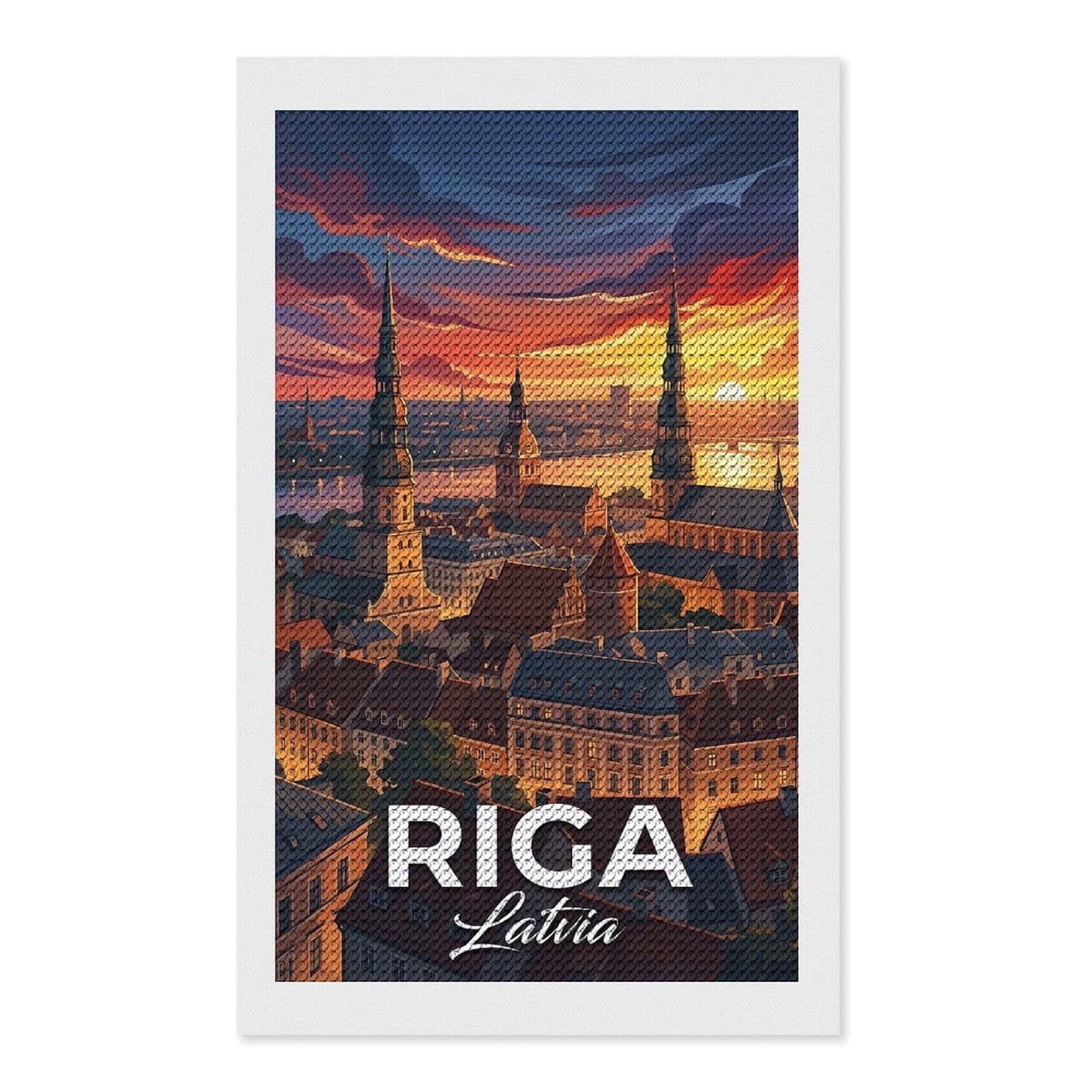 Junmoney Riga, Latvia Sunset Cityscape DIY Diamond Art Canvas Kit 12"x20", Pleasing Wall Art Project, Easy Handmade Project, Living Room Decor