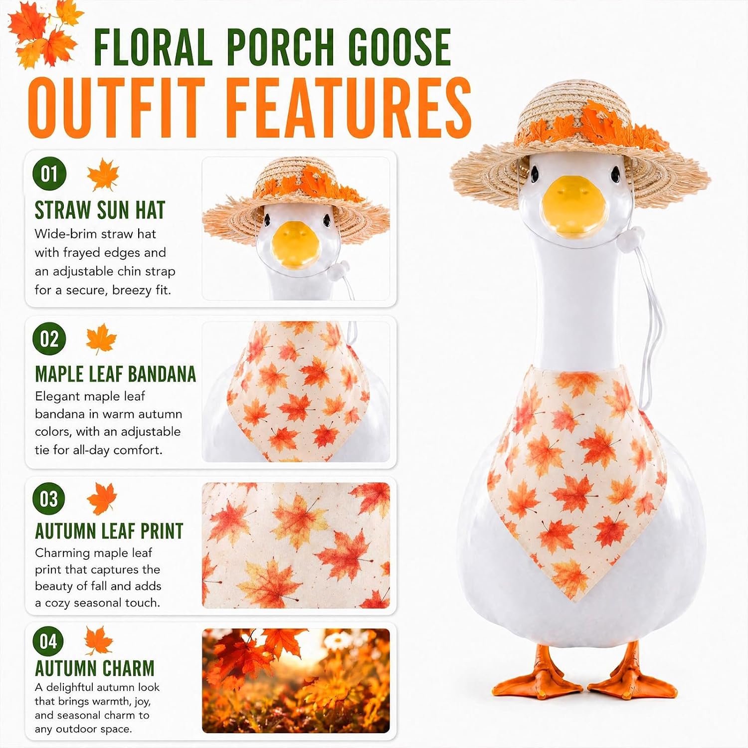 2Pcs Fall Outfit for Porch Goose - Autumn Maple Leaf Bowknot Straw Hat with Bib Accessories for 23'' Cement Statue, Garden Lawn Thanksgiving Halloween Outdoor Decoration