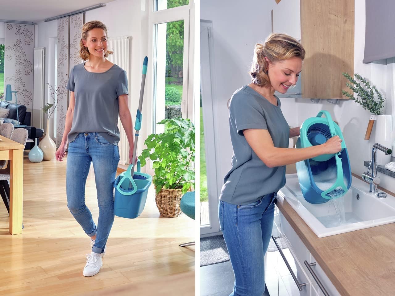 Leifheit Clean Twist Disc Mop Ergo Kit complet balai, serpillière et seau essoreur, ensemble balai serpillère en microfibre avec manche télescopique, essorage sans effort