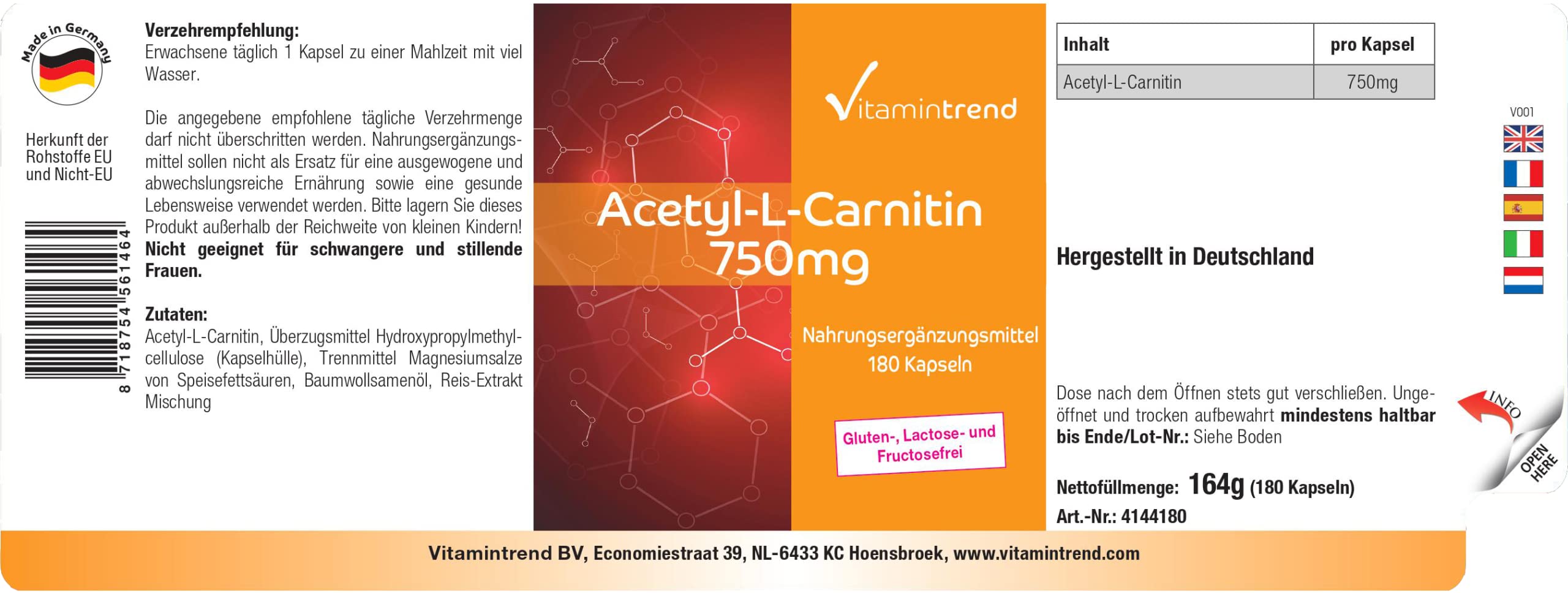 Vitamintrend Acetil-L-Carnitina 750 mg, 180 capsule, ad alto dosaggio, integratore alimentare vegano senza stearato di magnesio, prodotto in Germania
