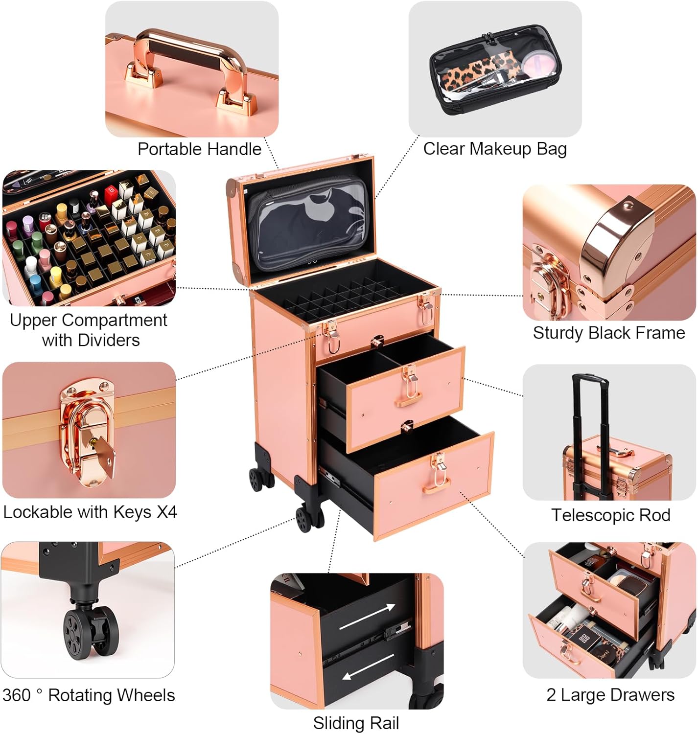 3 in 1 Rolling Makeup Case, Professional Cosmetology Case on Wheels, Detachable Clear Makeup Bag & Nail Polish Organizer, Portable Makeup Trolley with Drawers for Makeup Artists & Nail Technicians Rose Golden