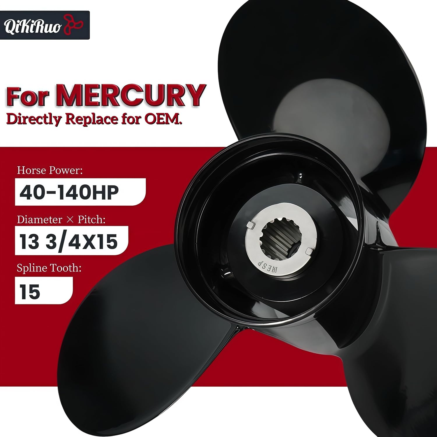 13 3/4x15 Propeller for Mercury Engines 40HP-140Hp 48-77342A45 Aluminum Outboard Props,15 Spline Tooth,Pressed in Rubber Hub,RH（13 3/4x15）