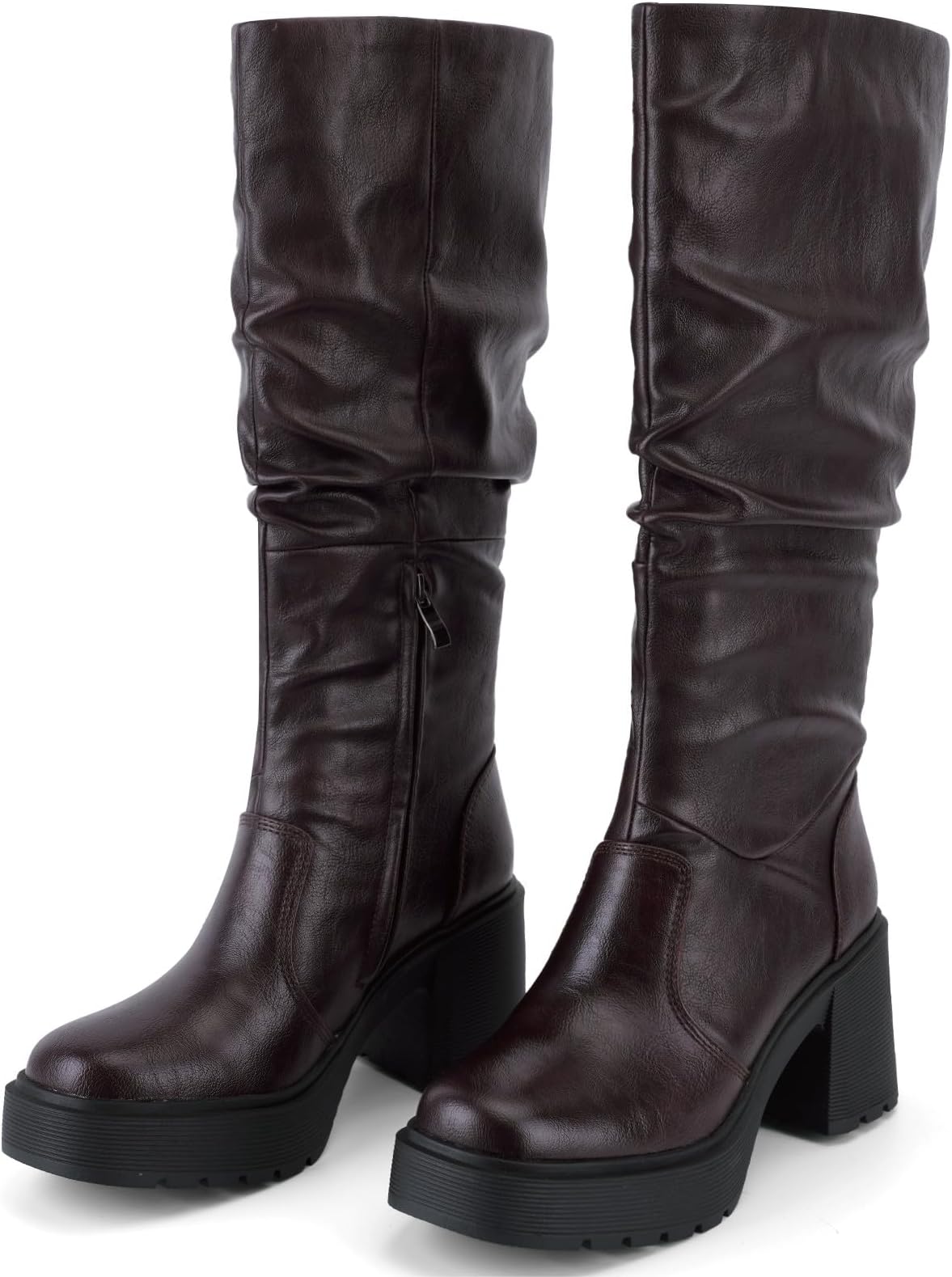 - UBWDU Women's Platform Campus Knee High Boots Side Zipper Chunky Block heel Tall Boots Square Toe Long Leather Booties