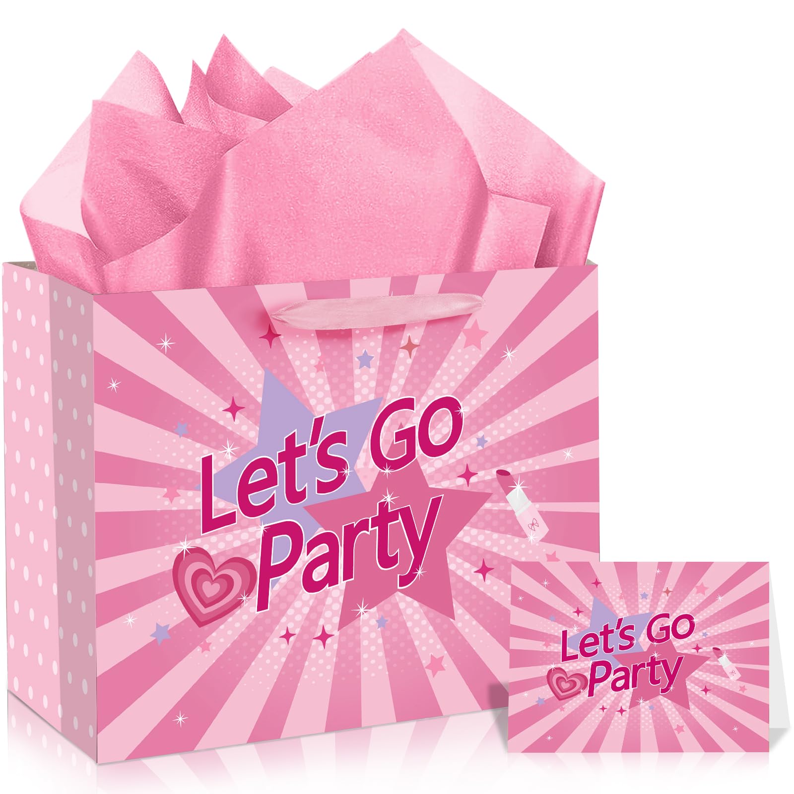 Hot Pink Gift Bag Lets Go Party Supplies Valentines Pink Wrapping Bag with Greeting Card and Tissue Paper Bachelorette Party Decorations for Girls