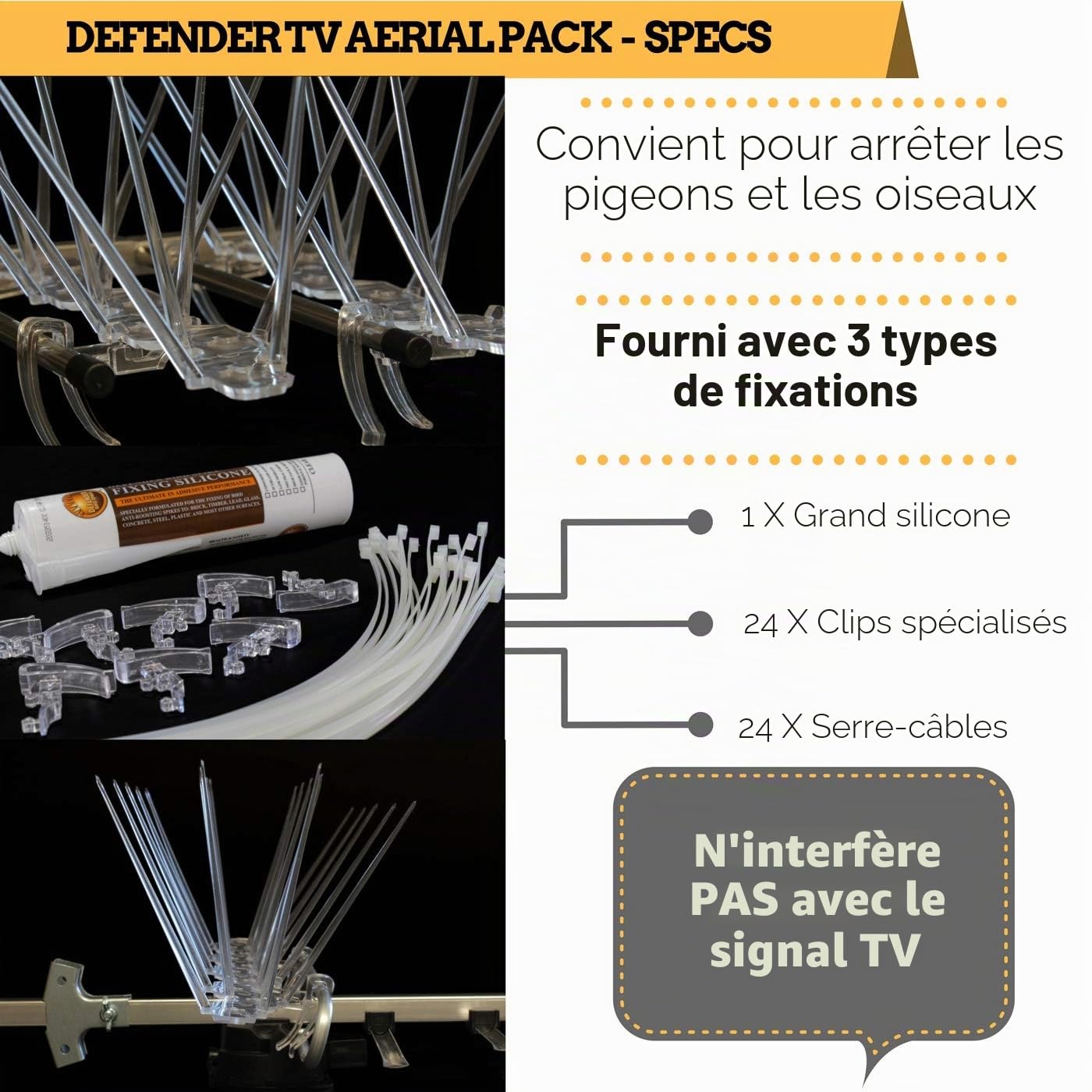 Defender Bird Spikes Defender Antenne TV | Lot de 5 mètres avec Attaches adhésives | Guide de Dissuasion des Pigeons de 40 Pages, 2