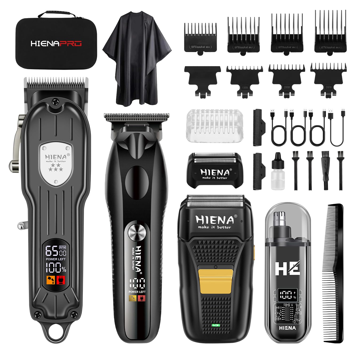 HIENA PRO Profi Haarschneidemaschinen-Set für Männer, Schnurloses Haarschneider, Folienrasierer, Barttrimmer, Nasentrimmer Komplettes Set, Elektrischer Haarschneide-Kit mit 7 Führungskamm (208 Set)