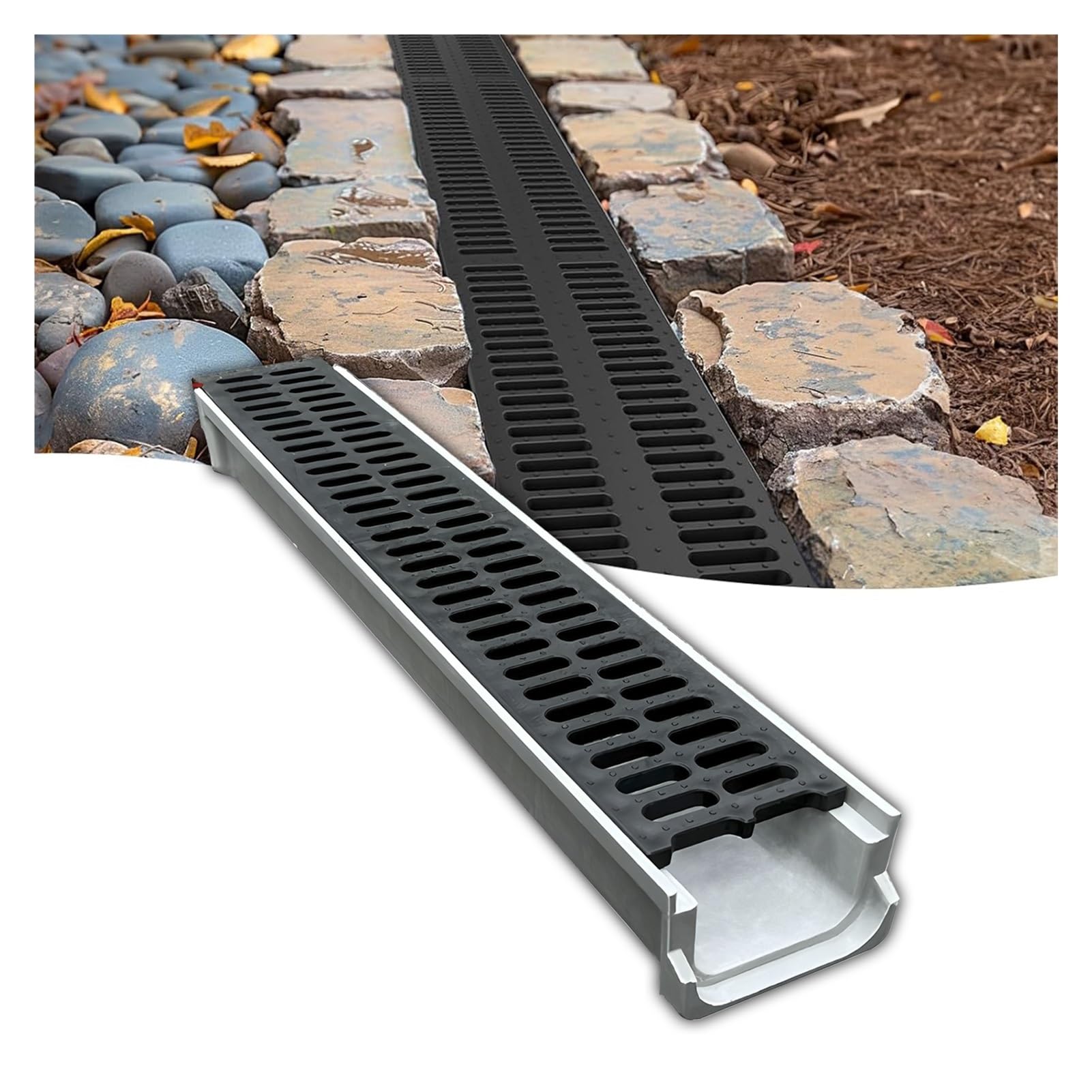 Drainage gratings, Driveways Trench Drain System, U-Shaped Channel with PE Grille(60x10x6cm//23.6x3.9x2.4in)