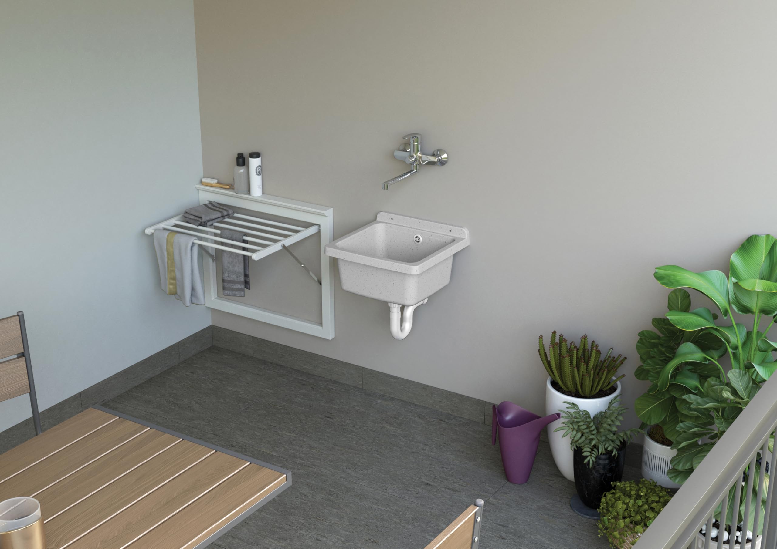 Adventa Baignoire en résine de PP, Fixation Murale, compacte, avec Siphon et bonde, résistant aux acides d'usage commun, buanderie, Garage, extérieur, Granit, L40 x P40 x H19 cm