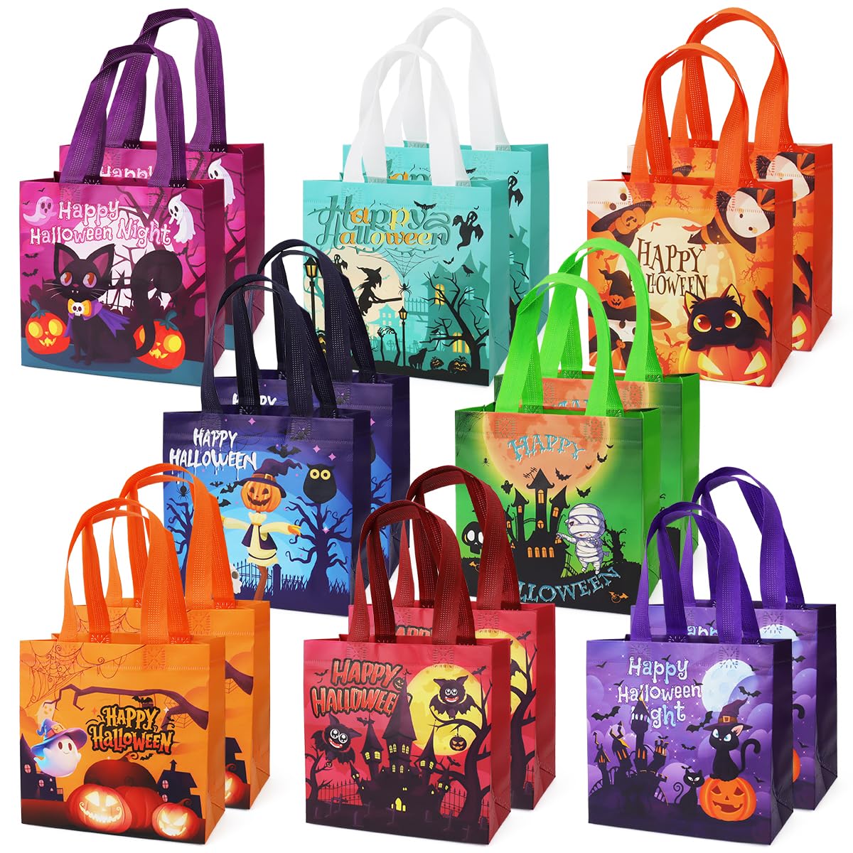 16PCS Halloween Trick or Treat Bags, Non-Woven Gift Tote Bags with Handles for Gifts Wrapping, Party Supplies, 7.9"×7.9"×3.15"