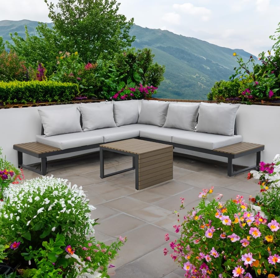 BDW Marbella Salon de jardin en aluminium gris avec polywood design modulaire pour terrasse et jardin, canapé 2 places, canapé d'angle, table basse