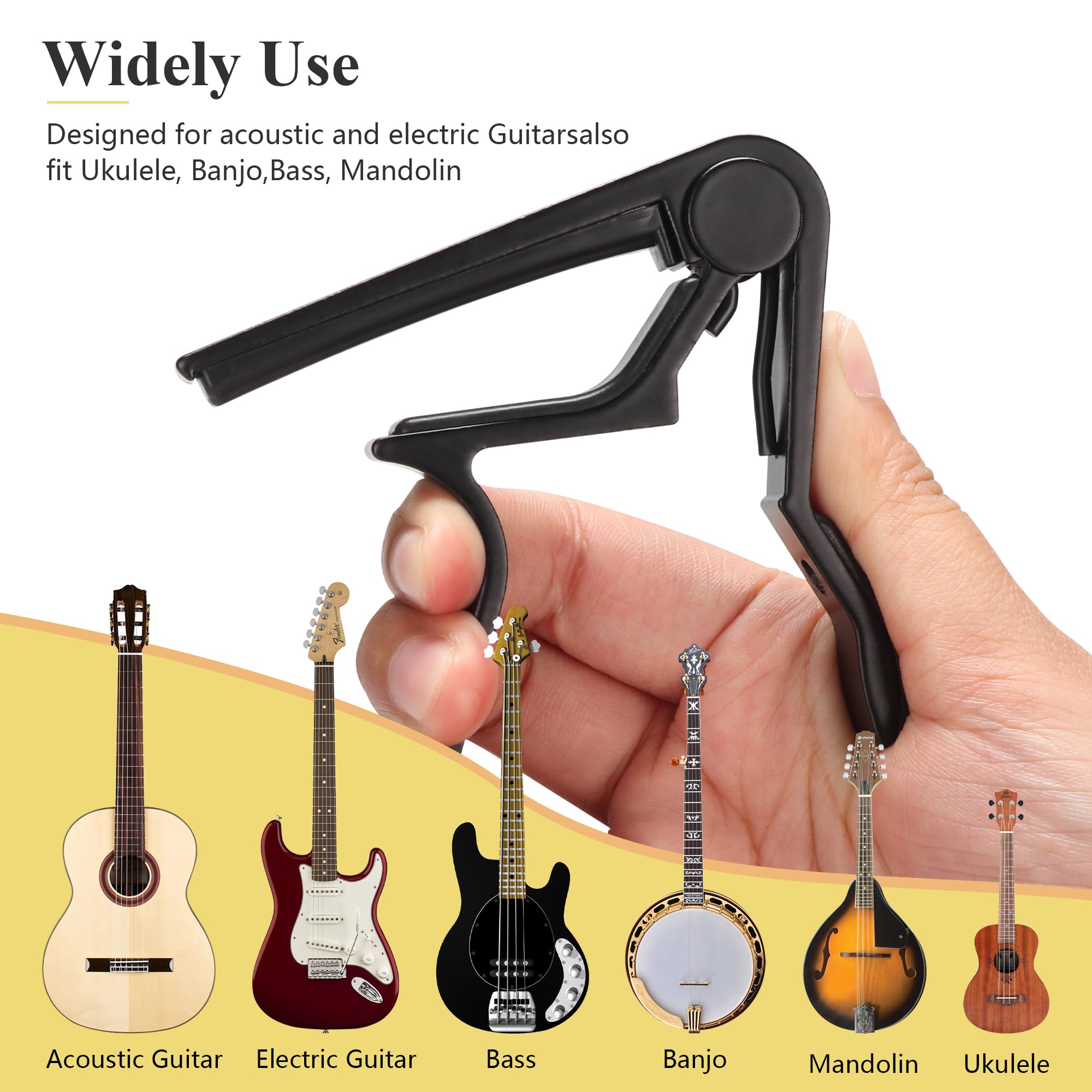 Capodastre gitara Capo czarna gitara akustyczna, 6 strun, 5 darmowych plektrów, wzór ze stopu aluminium z silikonową poduszką, gitara elektryczna, basowa, mandolina