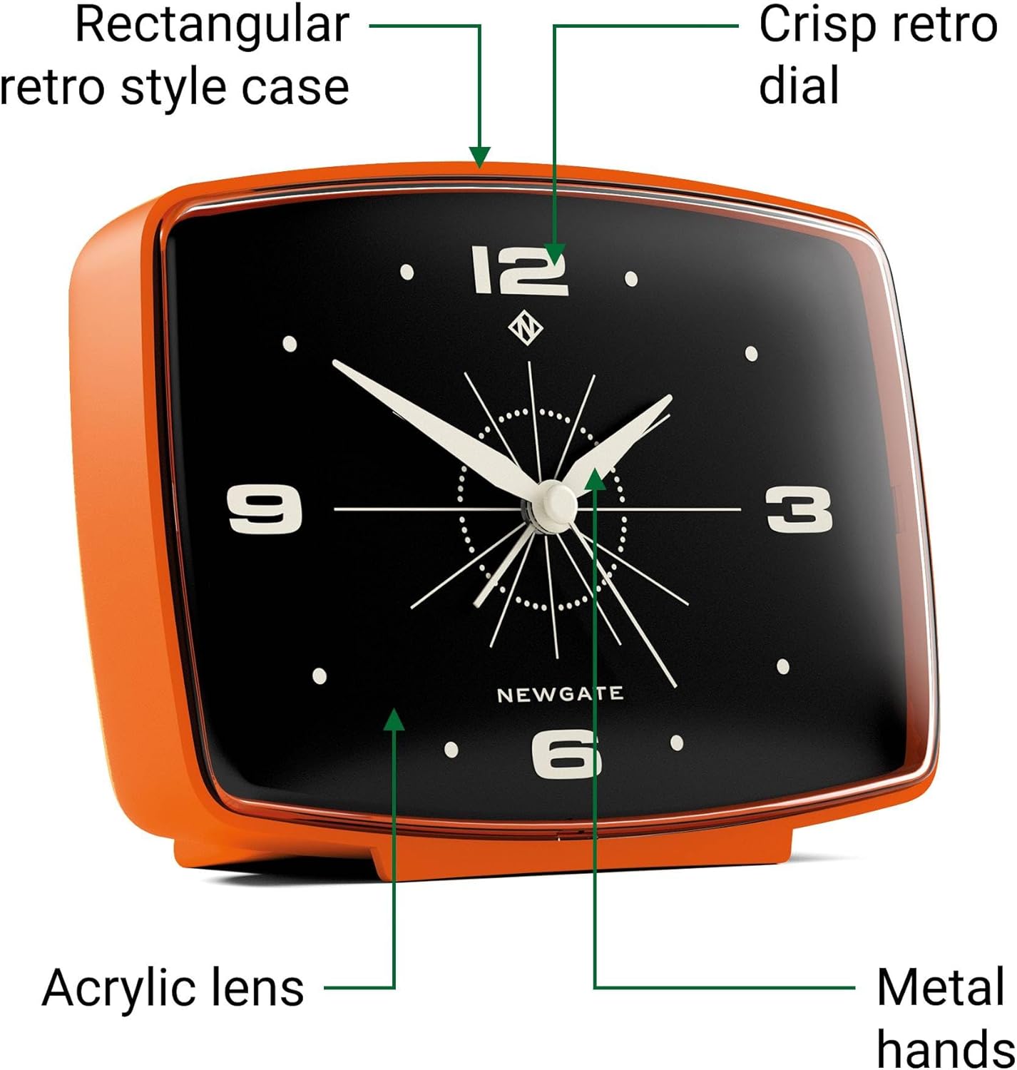 NEWGATE® Brooklyn Alarm Clock | Rectangular Retro Design | Pumpkin Orange | Ideal for Bedside, Desk, Shelf & Mantel | Mid-Century Retro Bedroom & Office Accessory