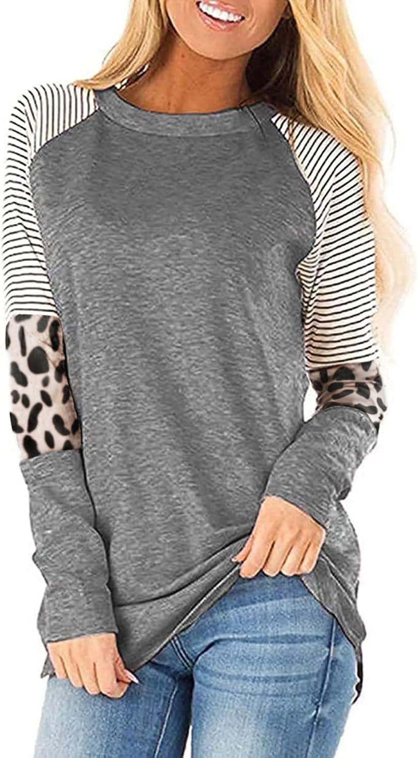 Leopard Print Tops for Women Long Sleeve Crew Neck Patchwork T Shirt Blouse - Image 2