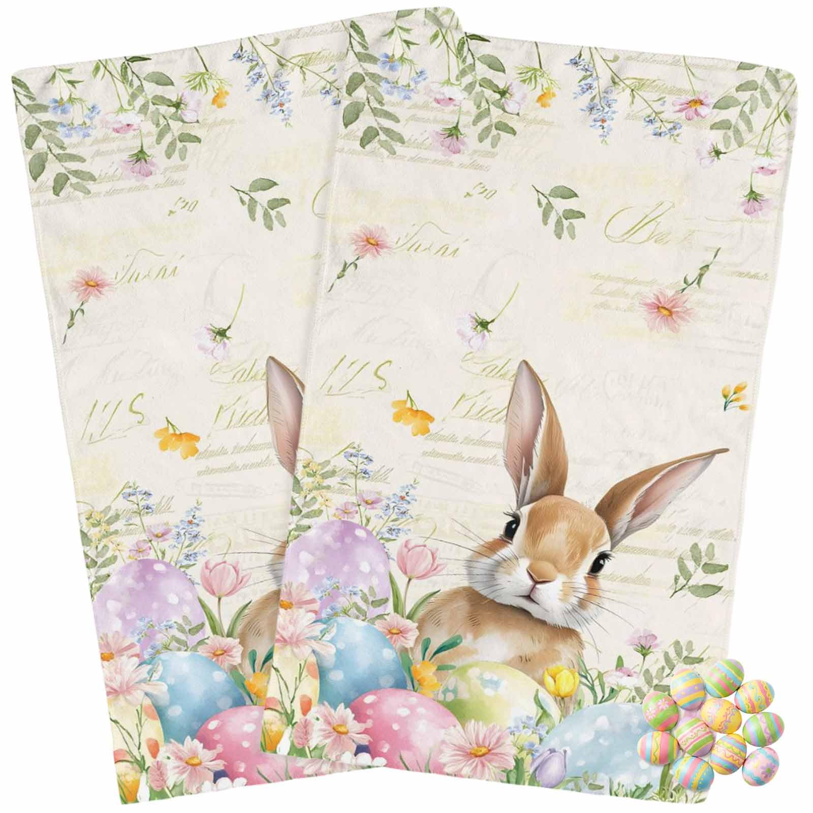 Kitchen Towels Pack of 2 Spring Easter Cute Rabbit Flower Dish Drying Towels,Soft Absorbent Microfiber Cleaning Cloths Colorful Eggs on Retro Letter Quick Drying Hand Towels Set,18×28 inches
