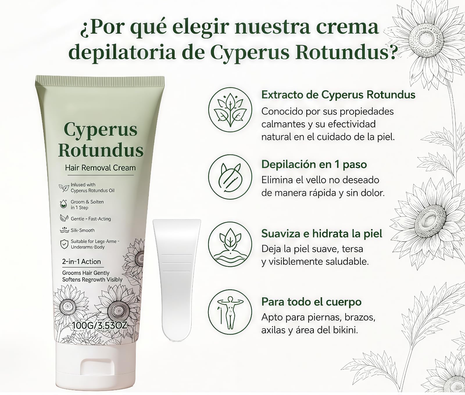 Crema depilatoria Cyperus Rotundus, crema per la rimozione dei peli del corpo, crema depilatoria e idratante 2 in 1, formula intensamente rivitalizzante, per gambe, petto, addome e ascelle