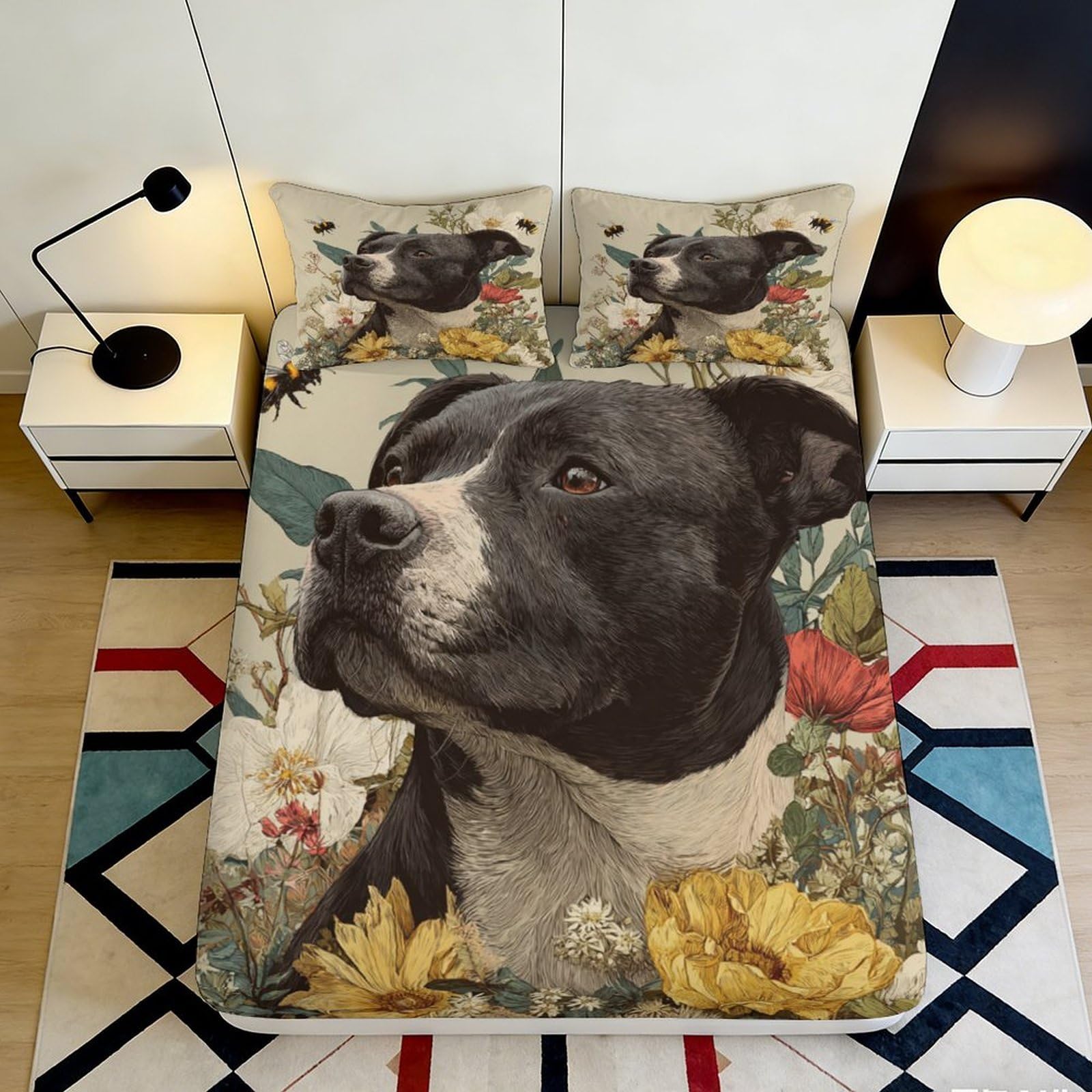 Qjzxknhpgr Style-6 3D Printed Black Dog Floral Fitted Sheet Microfiber Soft Bed Cover For Bedroom Guest Room Mattress Decor 90X200x25cm