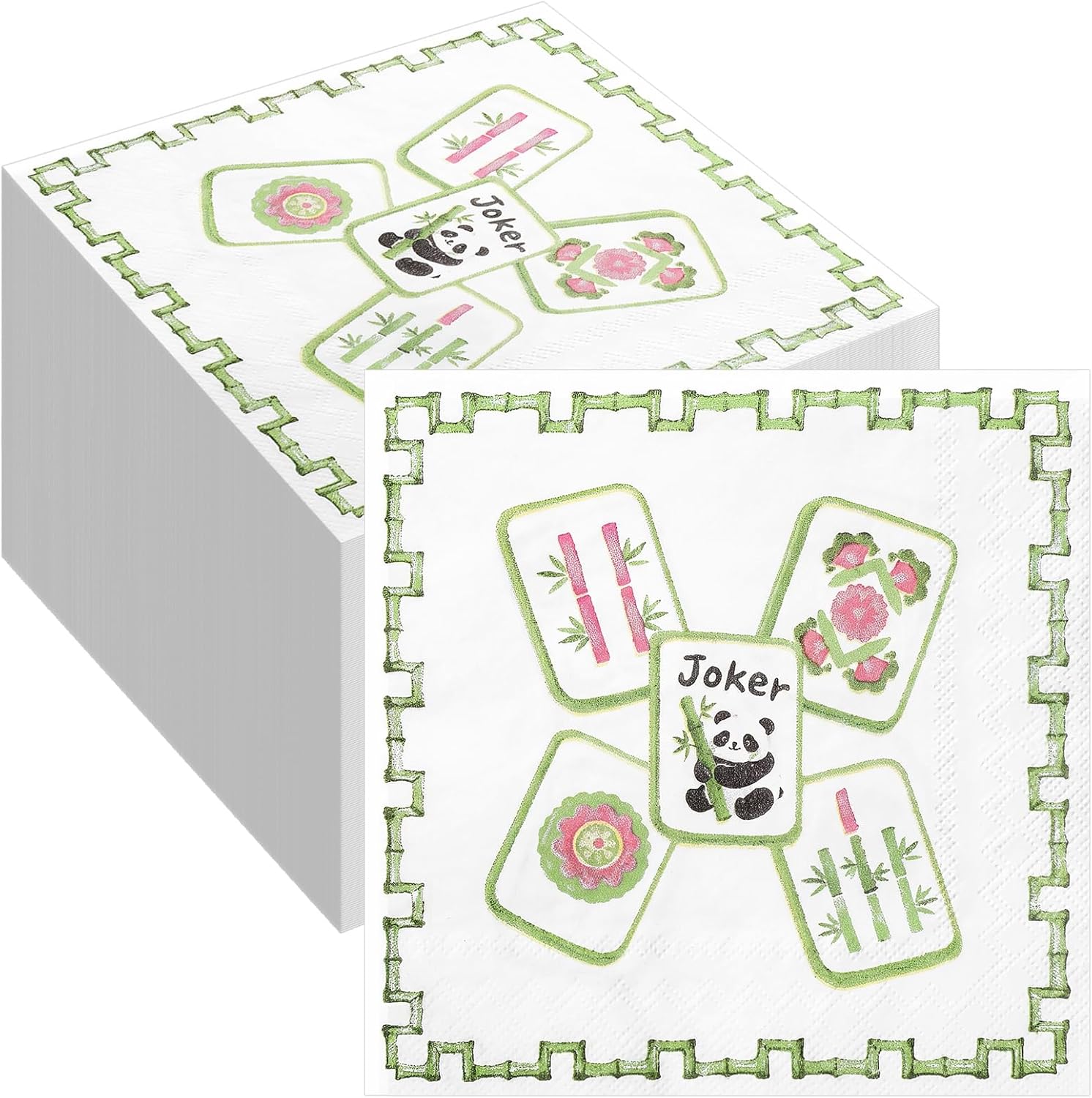 Thenshop 100 Pcs Mahjong Cocktail Napkins 5" x 5" White Green Disposable Paper Napkins Tile Design Decorative Cocktail Hand Towel for Guests Game Gathering Night Wedding Birthday Party Supplies Gifts