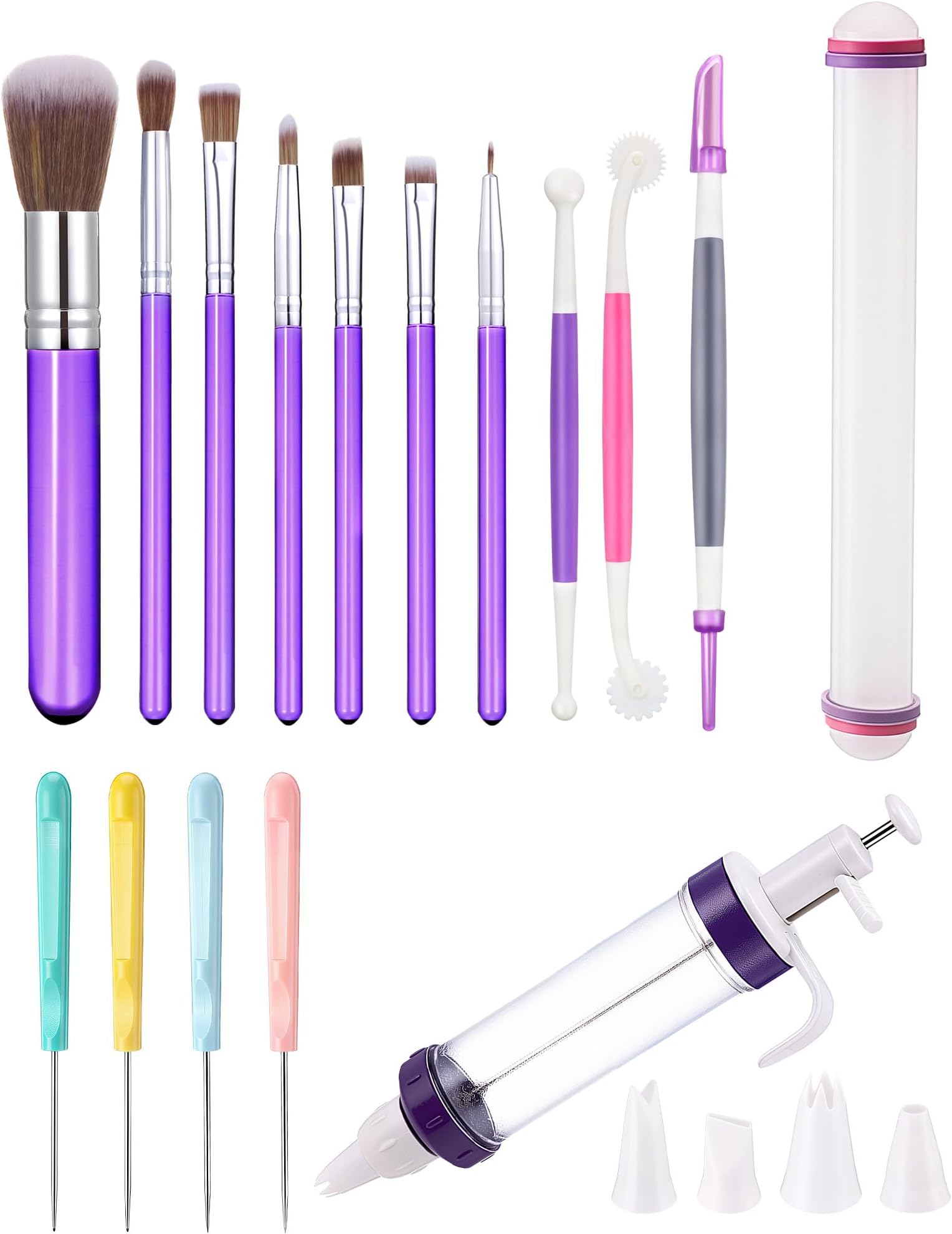 Tatuo 16 Pcs Cake Decorating Tool Set Include Dessert Decorating Syringe Cookie Decoration Brushes Sugar Stir Needle Scriber Fondant Paste Tool Rolling Pin for Cookie Cake Supplies