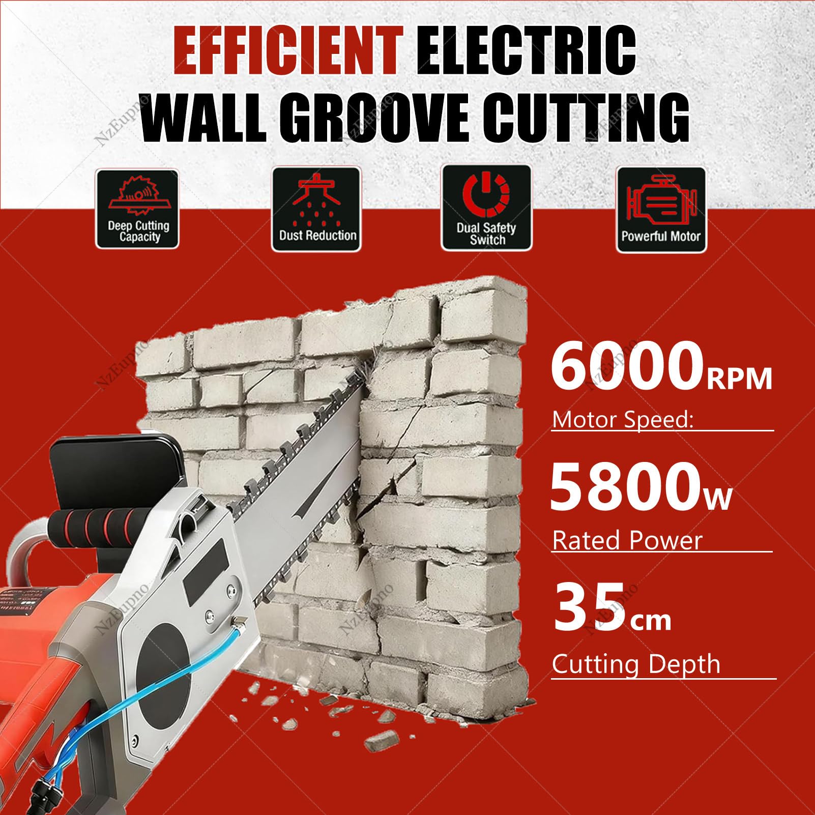 Motosega Elettrica Per Cemento, Macchina Da Taglio Per Muri Senza Spazzole Ad Alta Potenza Da 5800/6500 W, Macchina Da Taglio A Umido Con Abbattimento Della Polvere Ad Acqua, 2 Lame 35cm/13.8in