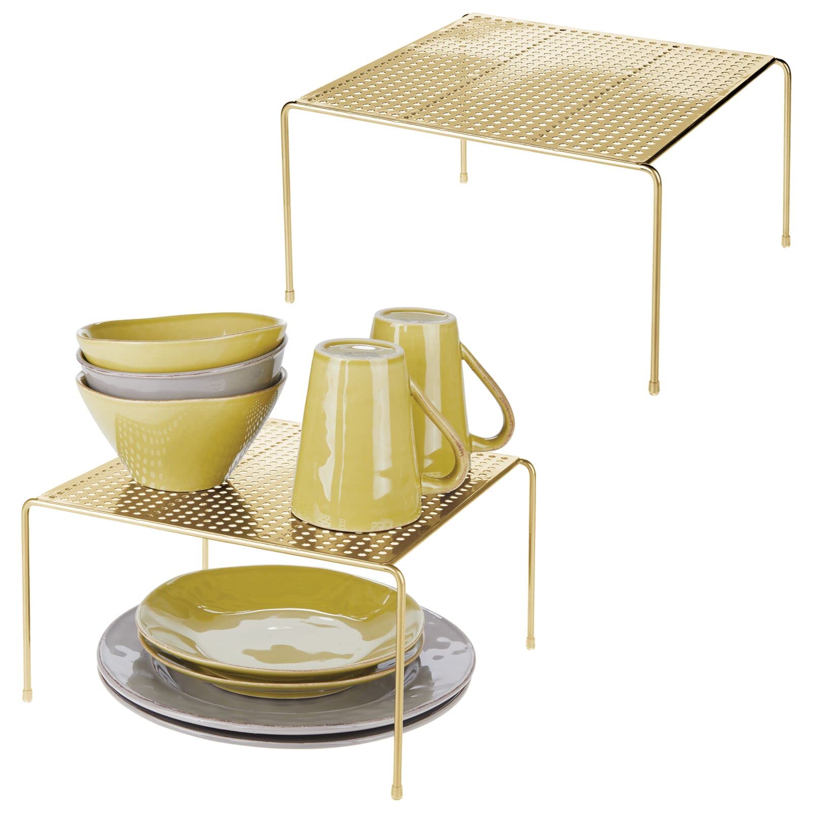 mDesign Estanterías metálicas para armarios de Cocina – Estante para vajilla de Metal – Baldas de Cocina para Tazas, Platos, Alimentos, etc. – Juego de 2 – Dorado latón