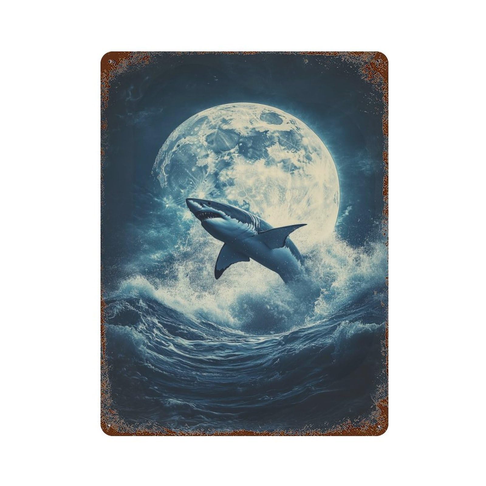 Shark in The Moon Rust Effect Tin Sign 15.7"x11.8", Rustic Home Decor for Garage, Bar And Workshop Decor