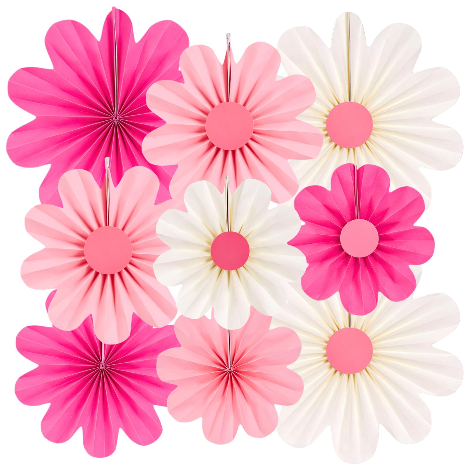 SUNBEAUTY 9Pcs Paper Flowers Decorations Pink Daisy Paper Flowers Decorations for Wall Hanging Paper Fans Decoration Floral Backdrop Decor for Birthday Wedding Baby Shower Classroom Decoration
