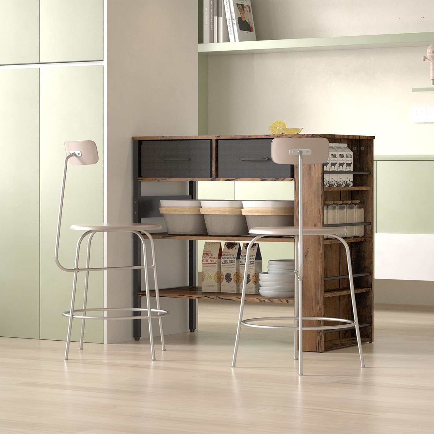 Modern Kitchen Island Bar Table with Open Storage Shelves, Power Outlet, Spice Rack - Rustic Brown