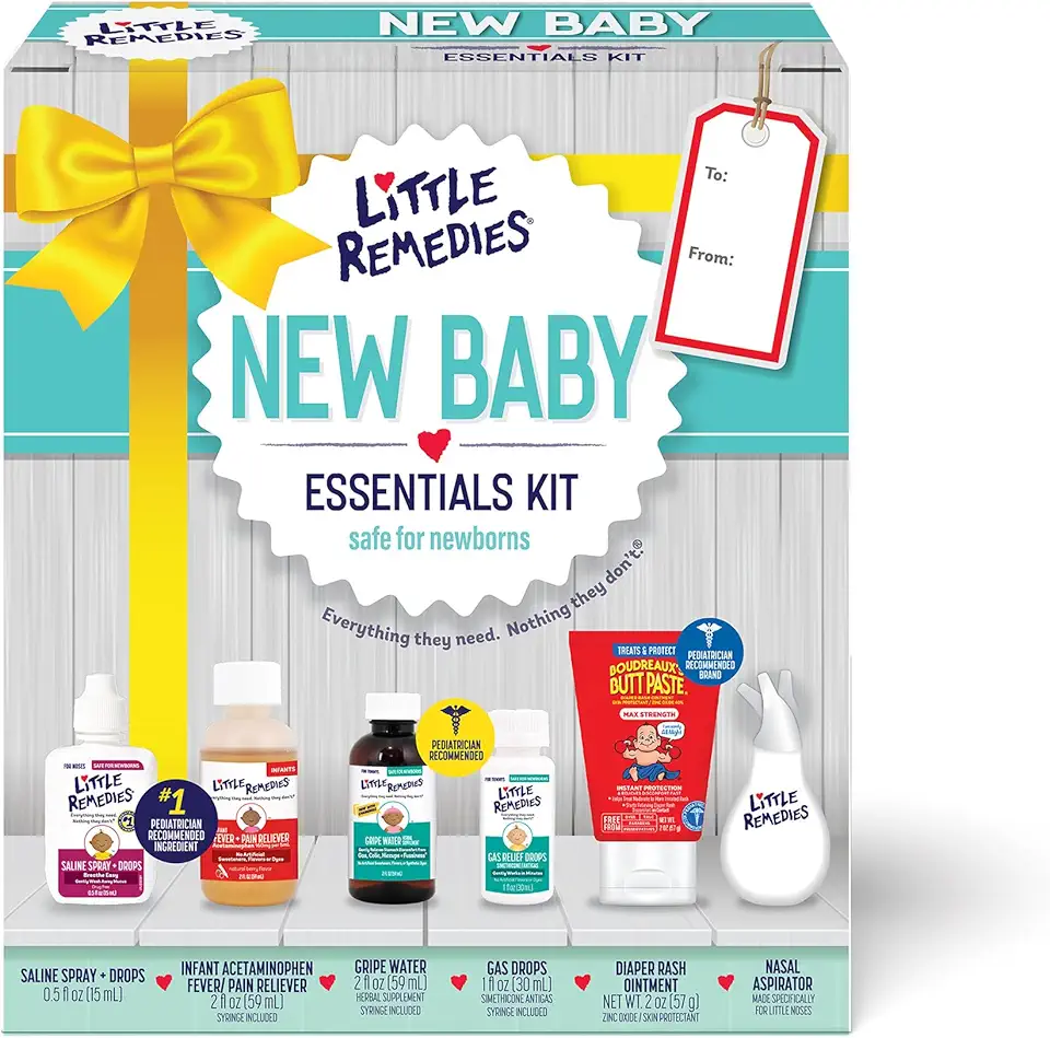 Little Remedies New Baby Essentials Kit, 6 Newborn Essentials, Saline Nasal Spray, Gas Relief Drops, Gripe Water, Fever Reliever, &amp; Diaper Ointment