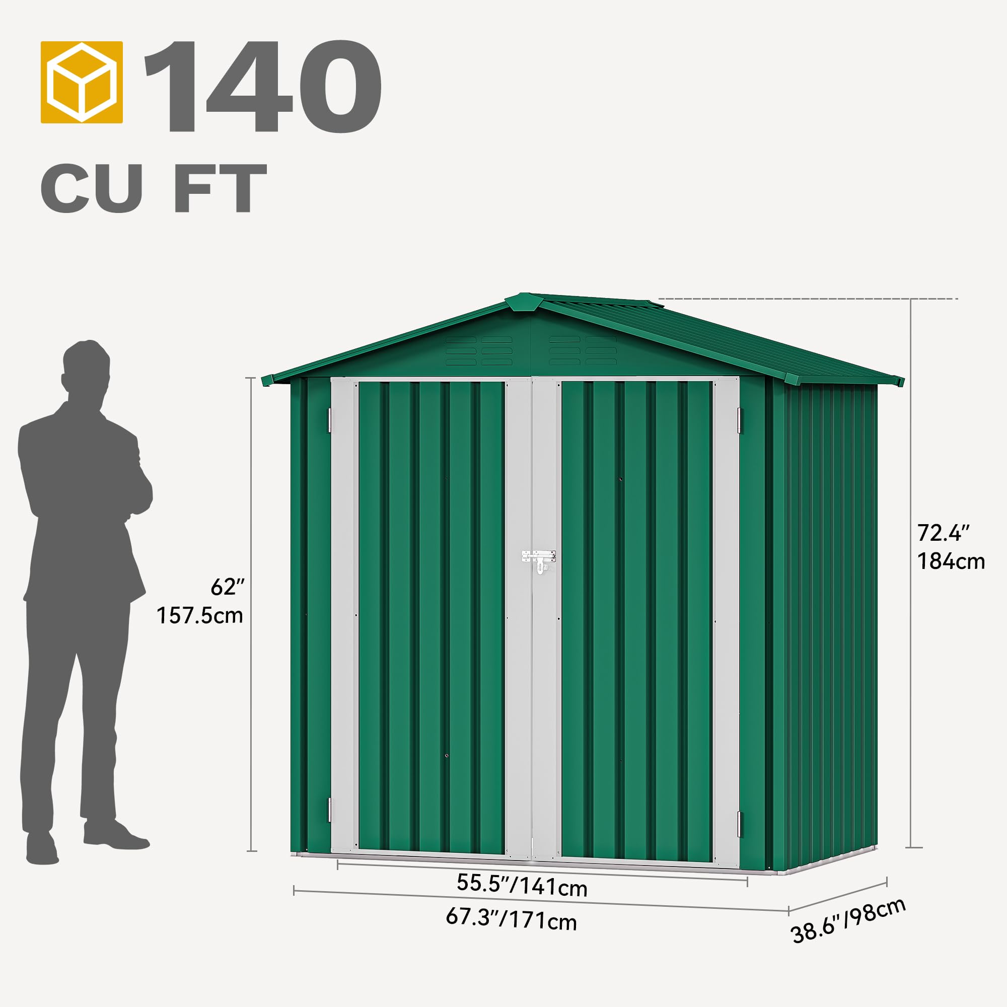 YITAHOME Metall Geräteschuppen Gerätehaus Gartenhaus Gartenhütte,Gruen | 171x87x184cm|6x4 klein|Rasenmäher Gartenschuppen|Satteldach|Abschließbar|4 Lüftungsöffnungen|Gartenhaus mit Tür|Wetterfest