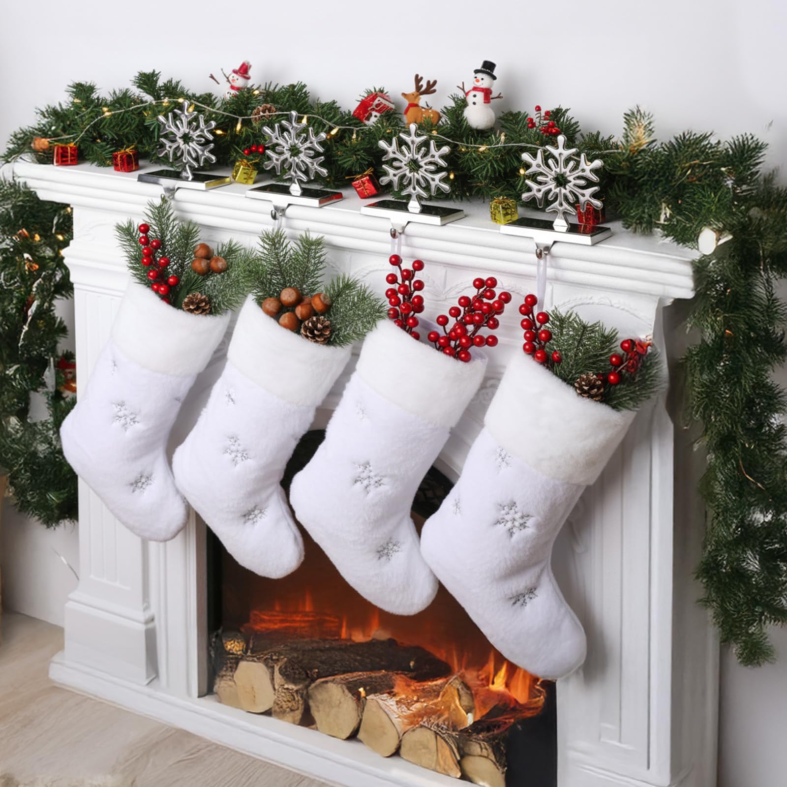 8 Pcs Christmas Stockings with Holder Set Includes 4 Faux Fur Stocking Ornaments 4 Mantle Snowflake Stocking Hangers Hooks for Xmas Family Party Decoration