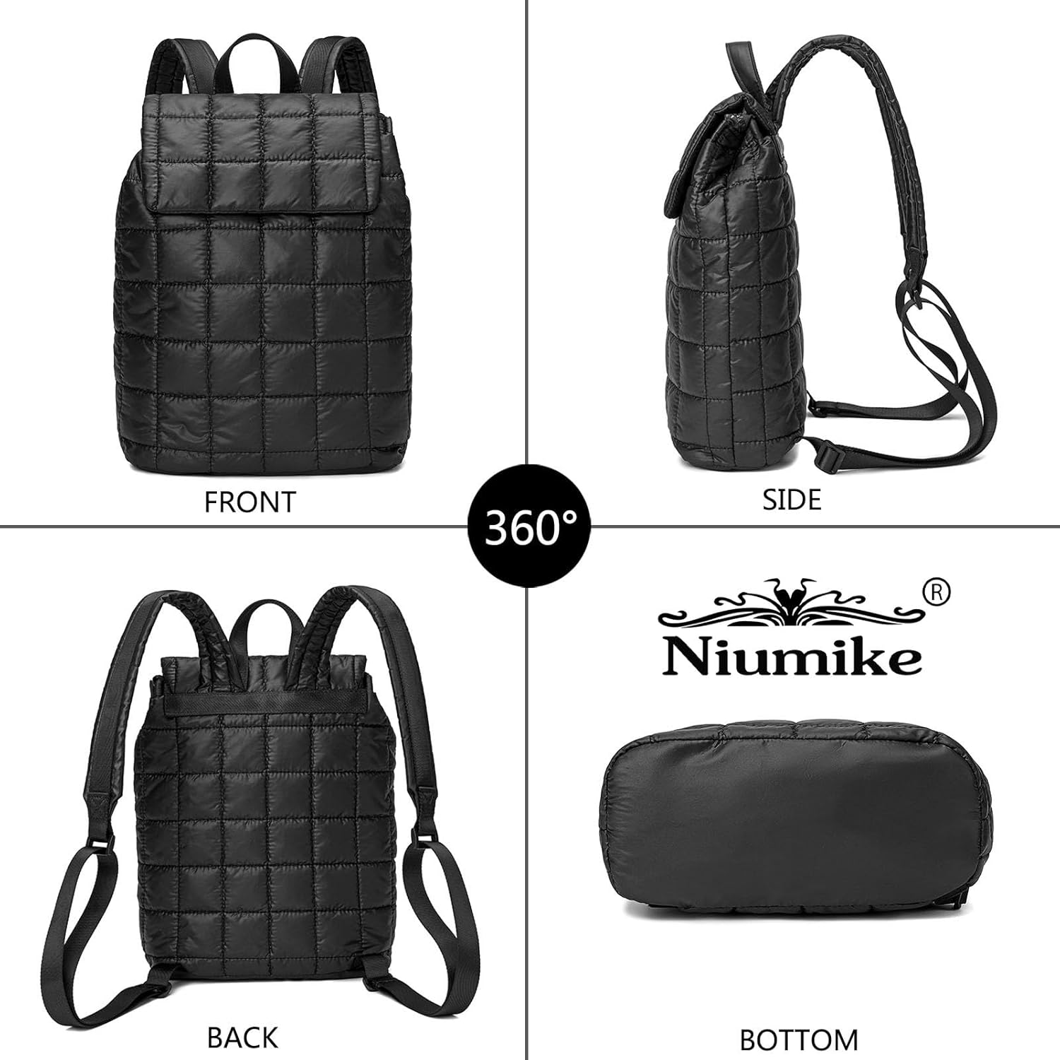 Niumike 10L Quilted Casual Daypacks Lightweight Shoulder Bag Solid Color Waterproof Nylon Flap Backpack for Traveling Hiking