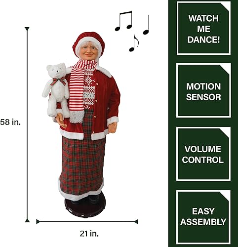 Miniatura 4 de Fraser Hill Farm Decoración de Sra. Claus bailarina de 58 pulgadas con oso de peluche, decoración animada para interiores para el hogar,
