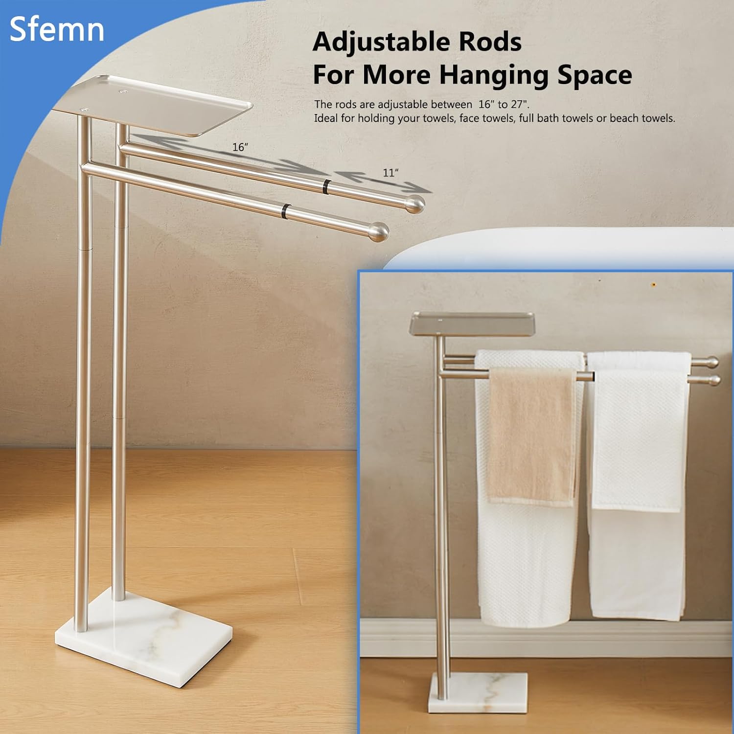 Standing Towel Rack with Weighted Marble Base, Towel Rack Stand with Shelf, 2-Tier Towel Racks for Bathroom, Multiple Spaces Stainless Steel Brushed Finish