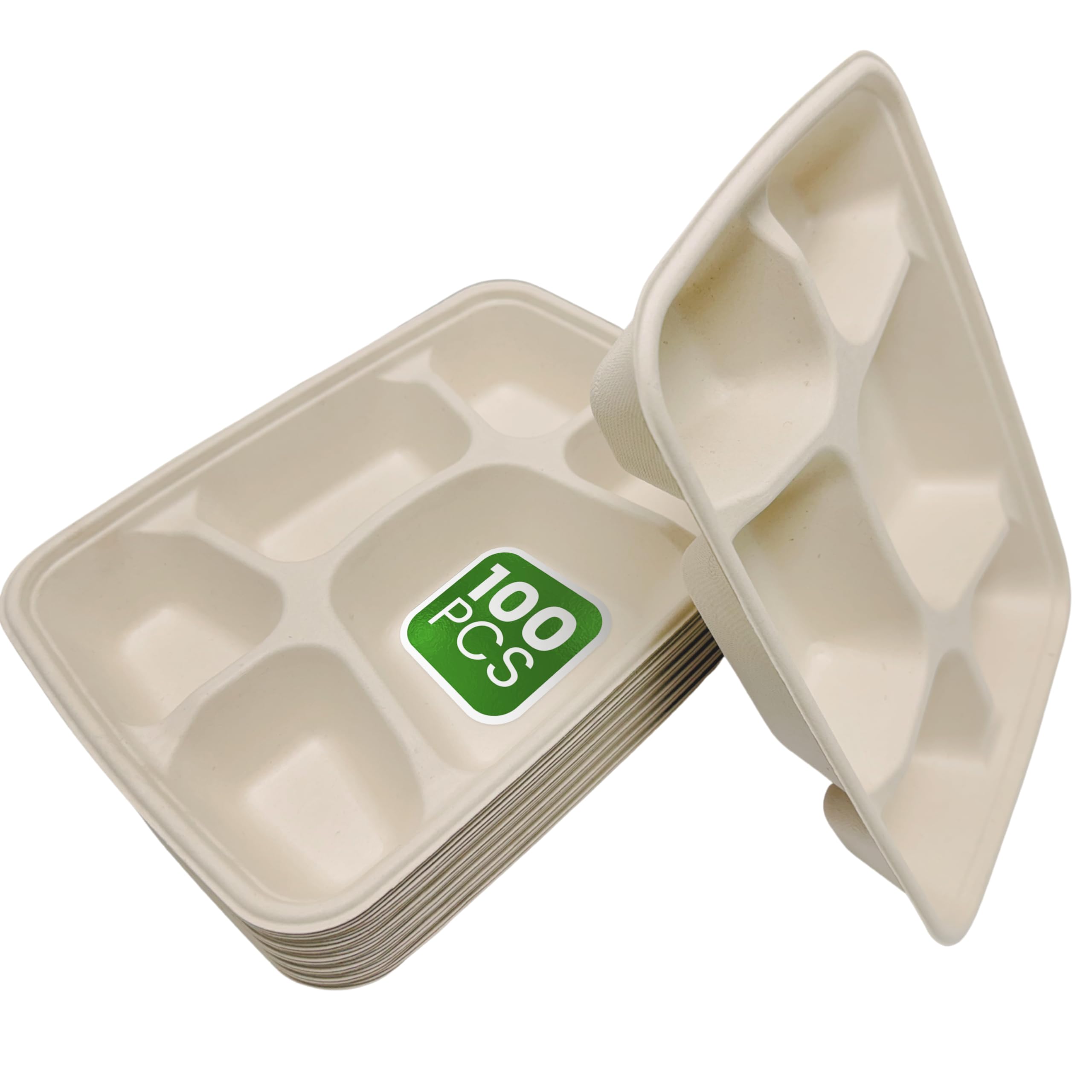DISPOSABLE GREEN – Rectangle Disposable Plates, Bagasse Compartment Plates Disposable, 6 Compartment Plates, Divided Plates for Hot, Cold, Wet, & Oily Food, Portion Control Plate,