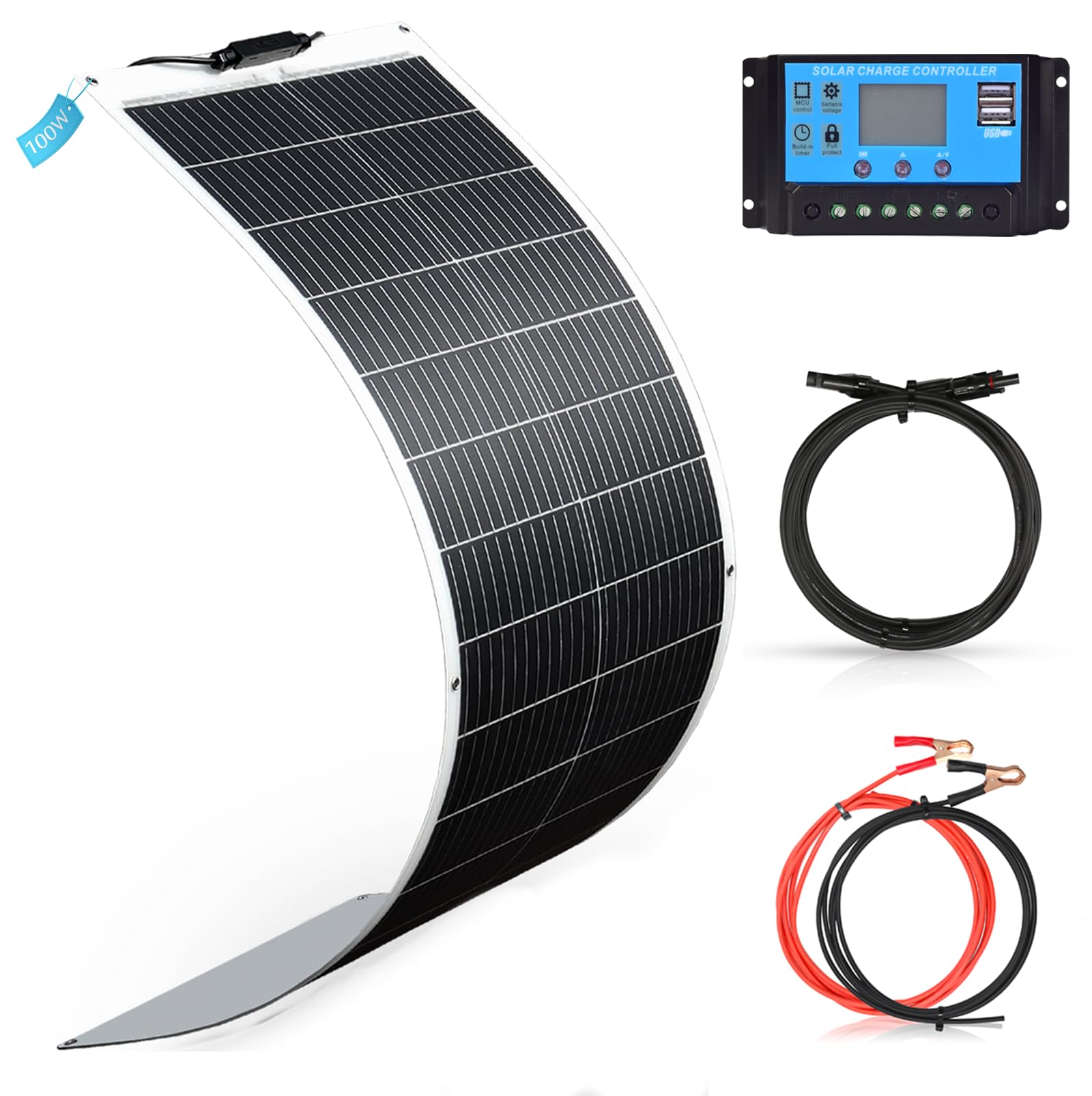 XINPUGUANG Kit Panneau Solaire Souple 100W 12V,Panneau Solaire Flexible Monocristallin pour Camping-Car, Camper, Van, Batterie 12v,Bateaux et Autres Surfaces Inégales