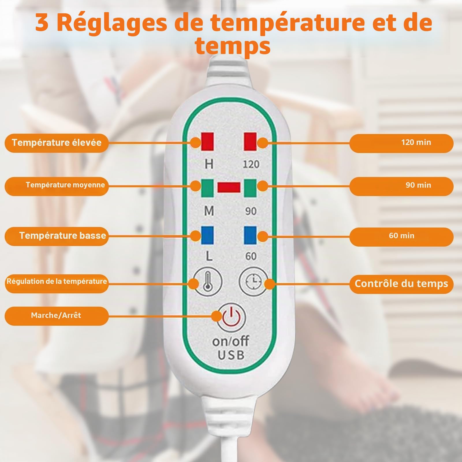 USB Couverture Chauffante, Couverture Chauffante électrique avec 3 Niveaux Température et Minuterie, Portable écharpe Chauffante avec Bouton pour Femmes, Maison, Bureau, Voyages