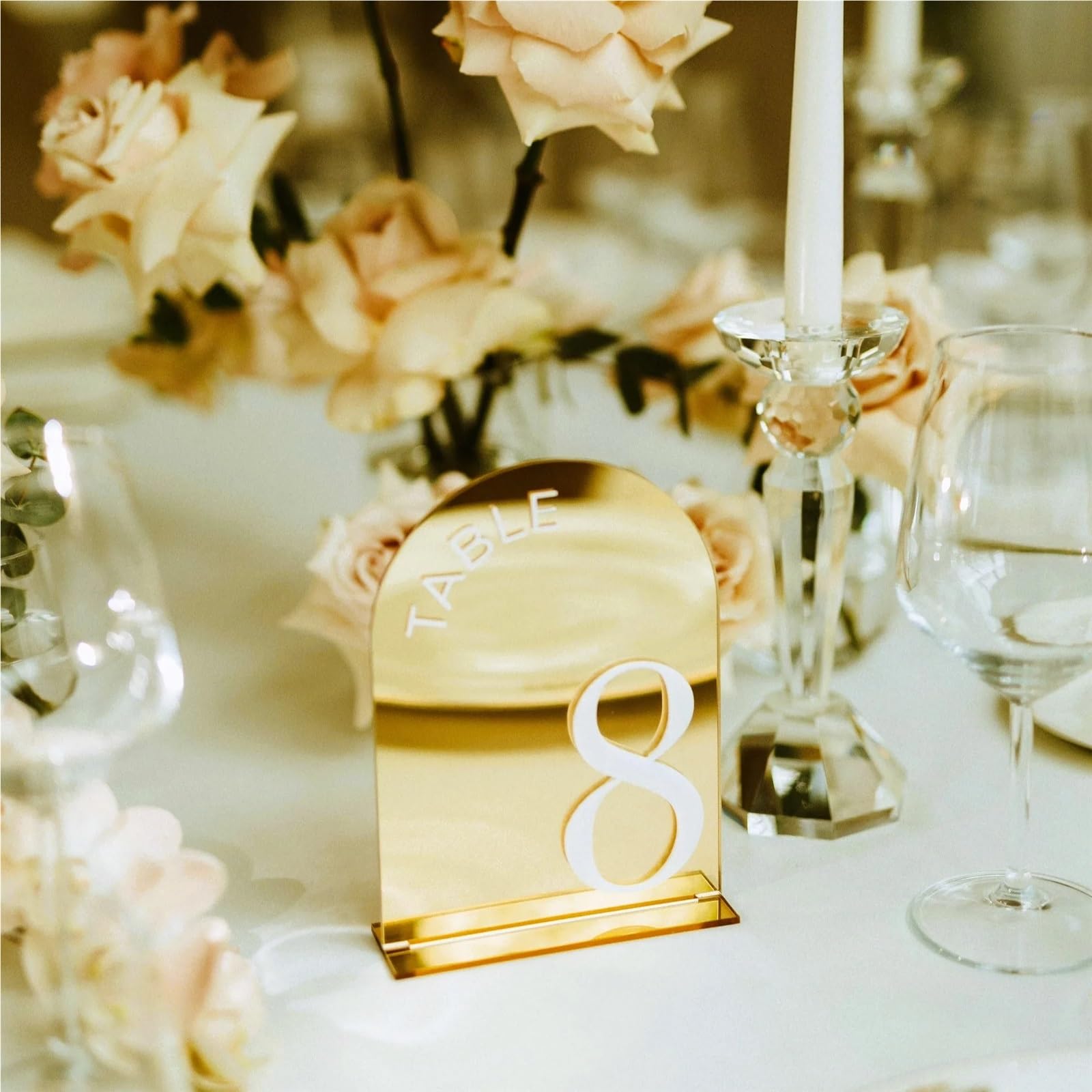 WSQHAO 10PCS Arched Table Numbers 3D Gold Mirror Wedding Signs Elegant Reception Decor Number for Restaurant(White on gold)