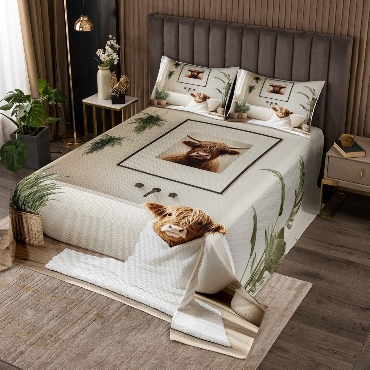 jejeloiu Funny Highland Cow Bedspread 3Pcs King Size Kids Rustic Farm Coverlet Set for Boys Girls Highland Cattle Quilted Coverlet,Microfiber