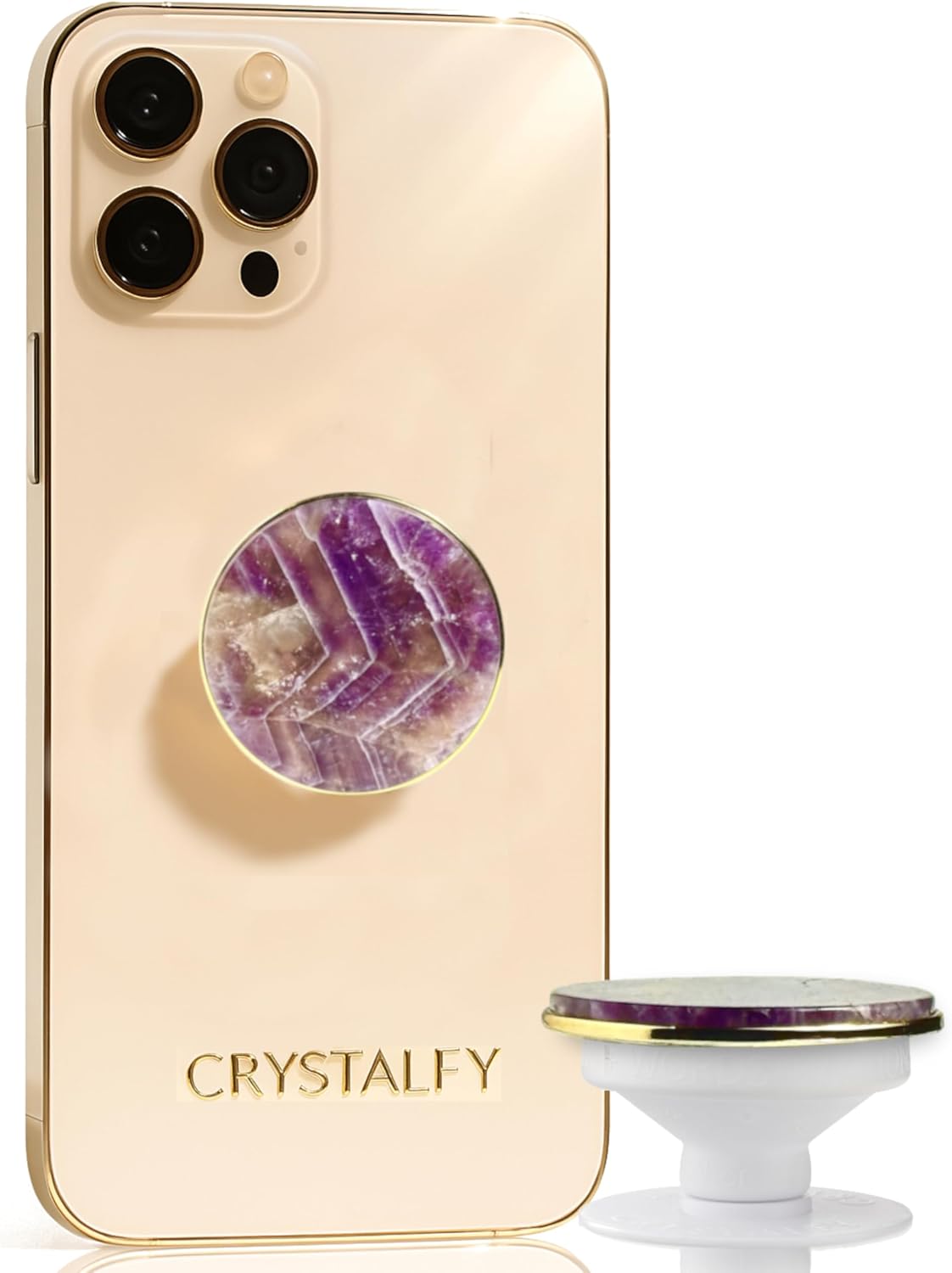 Grips by CRYSTALFY MINIS-Slim Lightweight Adhesive Crystal Phone Grip Holder & Expanding Kickstand-Natural Gemstone Swappable Top Accessory for iPhone, Kindle & Mobile Devices-Amethyst image 3