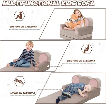 Kids Play Sofa Bed 2-in-1,Modular Toddler Armchair,Convertible Baby Mini Fold Out Couch Lounger Set for Playroom & Bedroom,Kids Furniture,Birthday Gift for Girls Boys,Grey Elephant