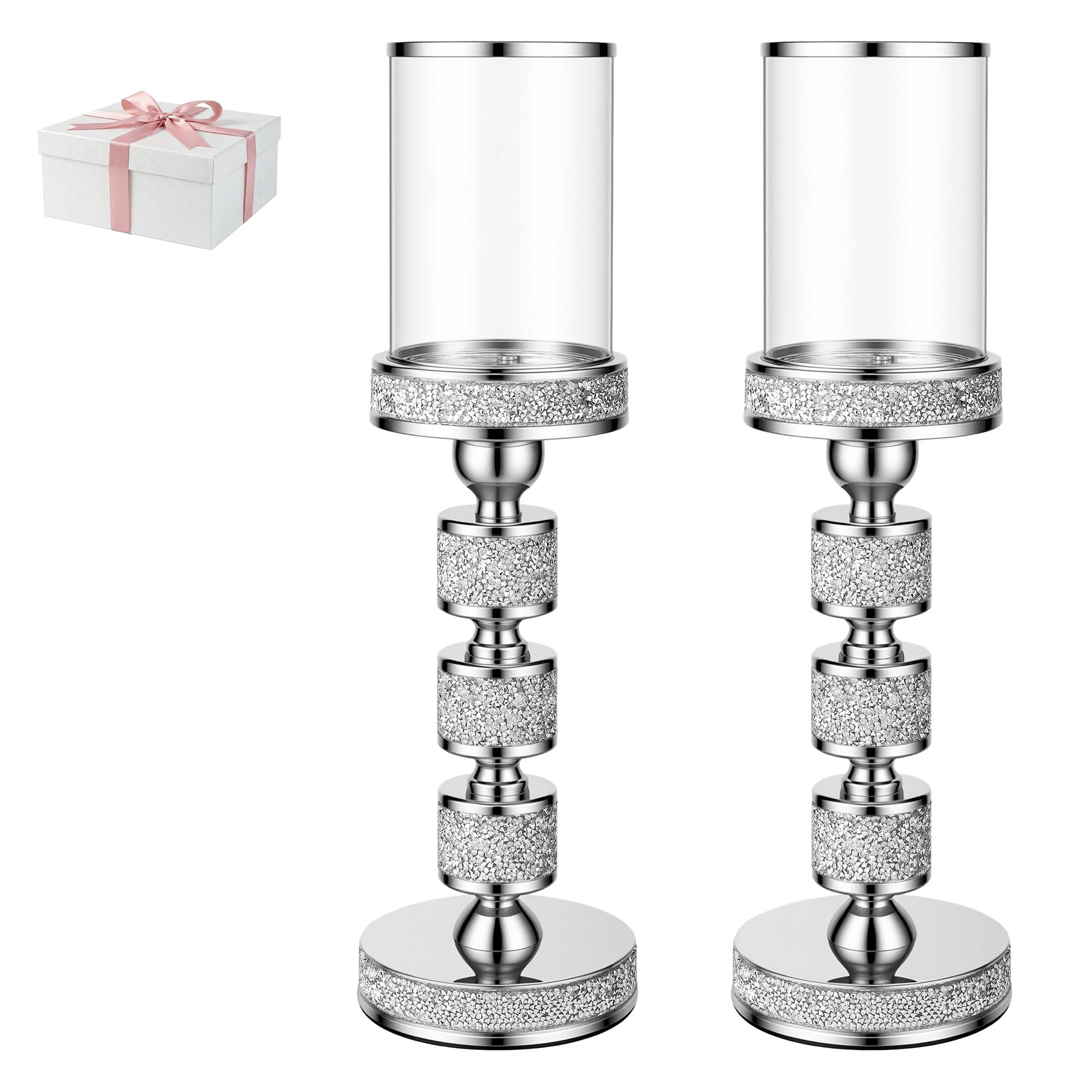 Dounx 15.9-Inch Silver Hurricane Candle Holder Set
