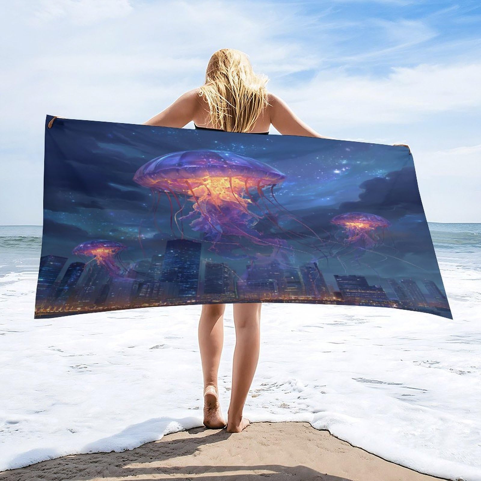 Luyysky Beautiful Classic Animal Jellyfish Absorbent Beach Towel, Fantasy Abstract Galaxy Ocean Life Jellyfish Cityscape Outdoor Single-Sided Velvet Beach Towel-80 W Cm X 160" L Cm