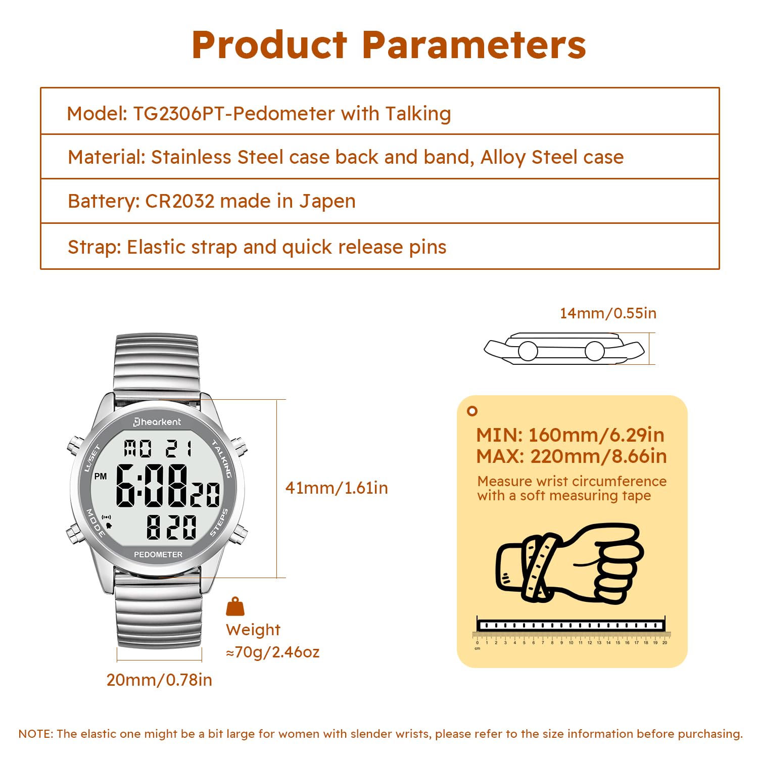 Hearkent Orologio digitale parlante con contapassi, tempo di conversazione, data, passi, calorie in inglese, 5 sveglie, retroilluminazione EL, numeri grandi LCD, senza Bluetooth, per anziani/ciechi