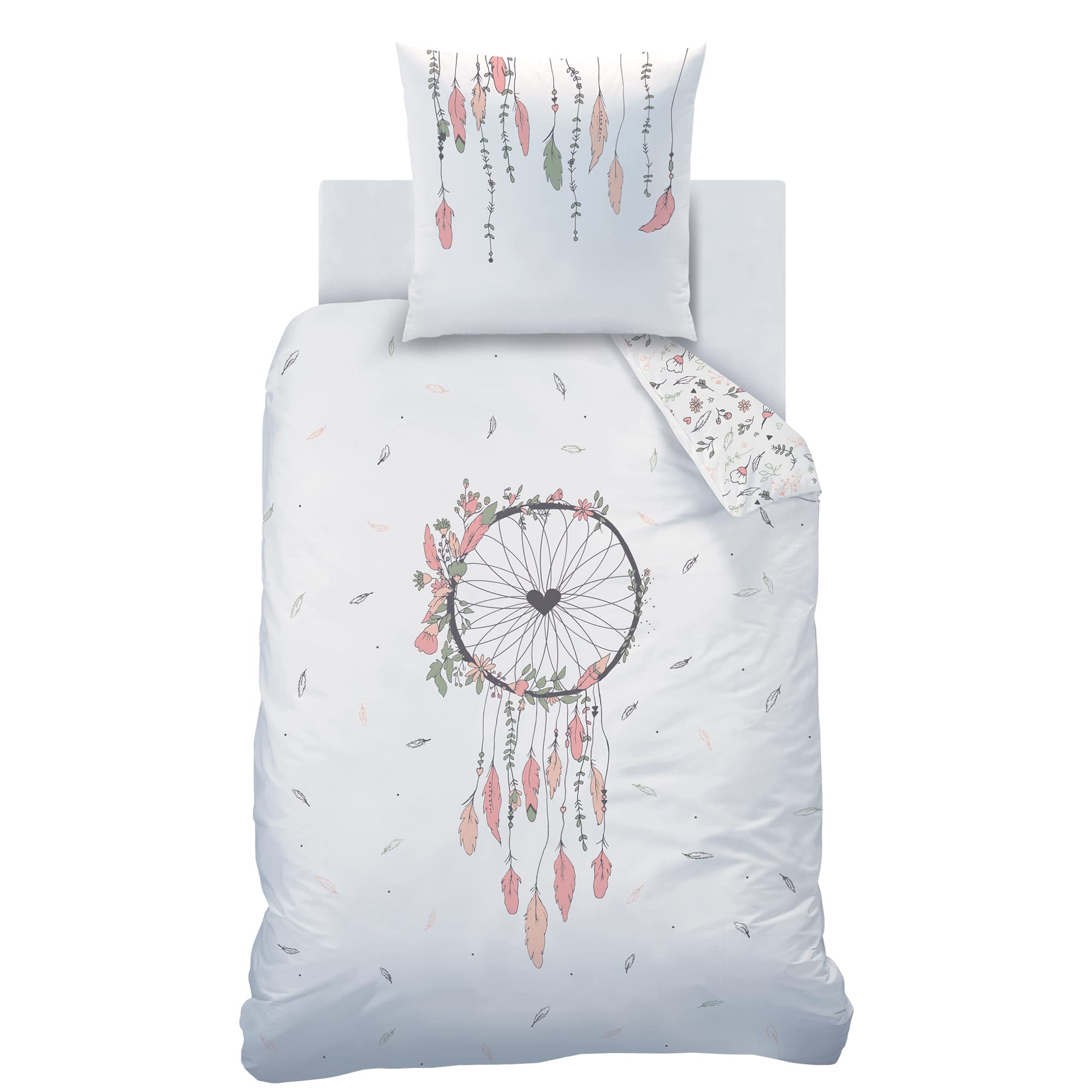MATT & ROSE Parure De Lit Enfant 140x200 Attrape Cœur - Housse Couette Fille Réversible 100% Coton