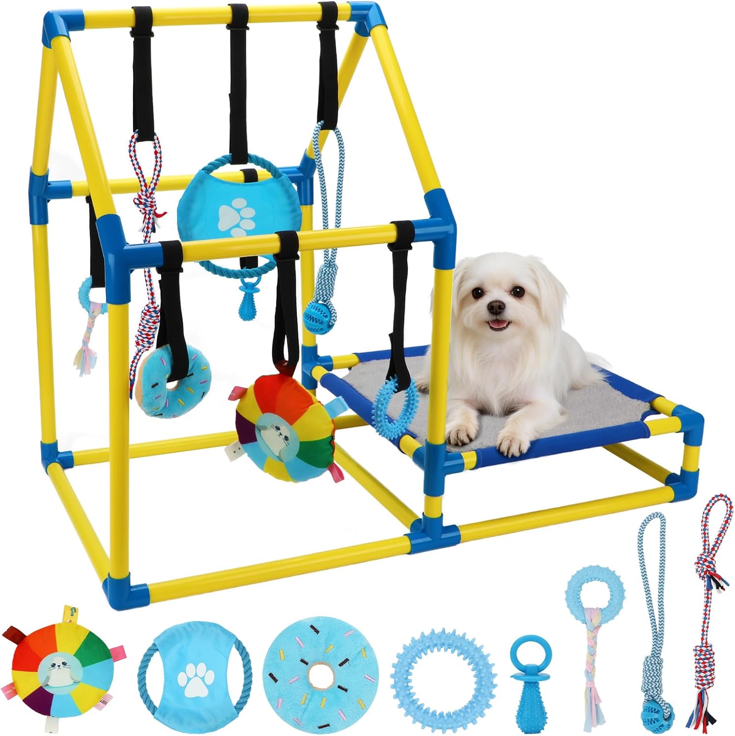 Puppy Play Gym with Hanging Toys, Dog Indoor Jungle Gym as Activities Center for Puppies, PVC Frame with 8 Enrichment Toys for Small Dogs Kitten and Other Pets