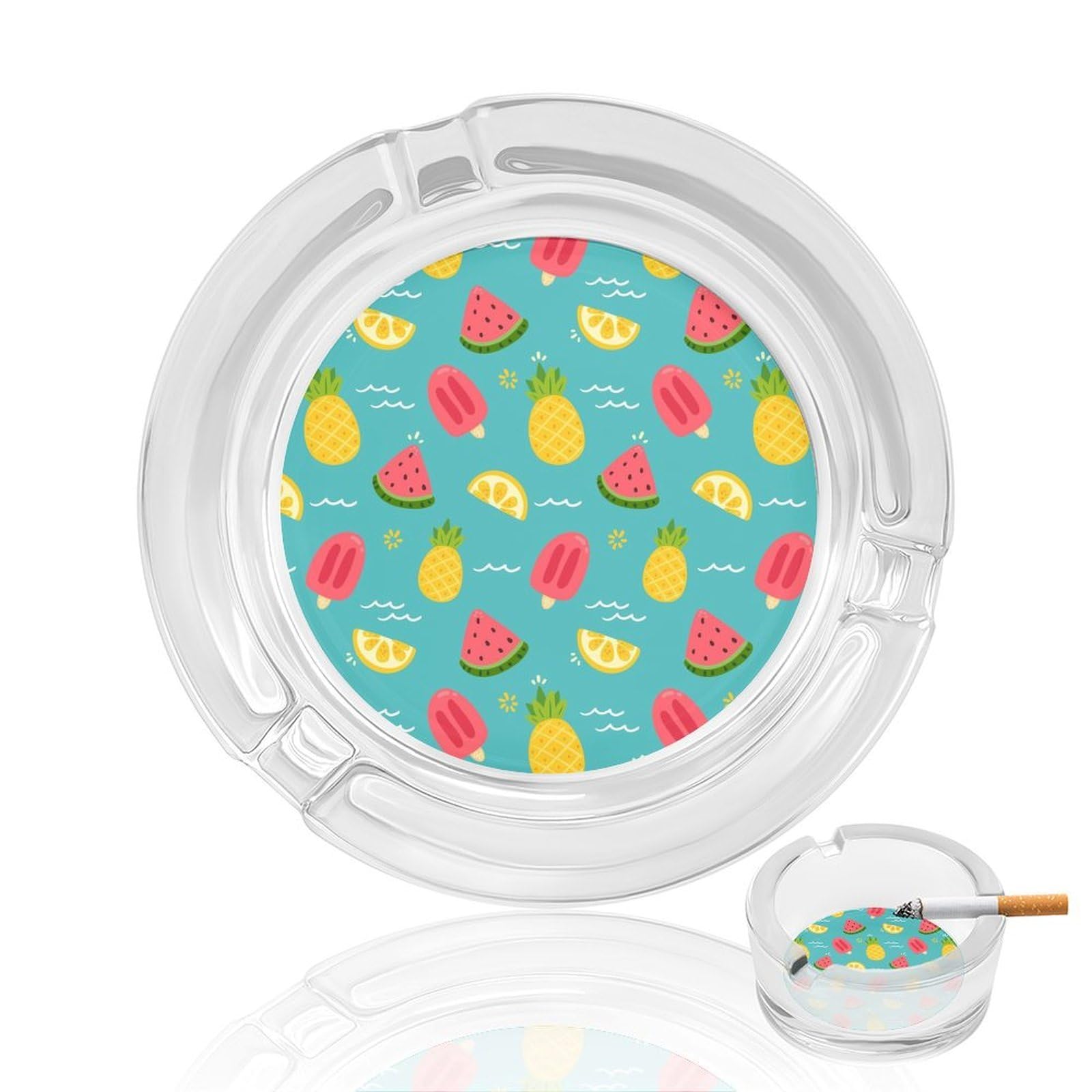 Watermelon Pine Pat Glass Ashtray 3.3 Inch Round Cigarette Ash Holder with 4 Grooves for Home Office Outdoor One Size